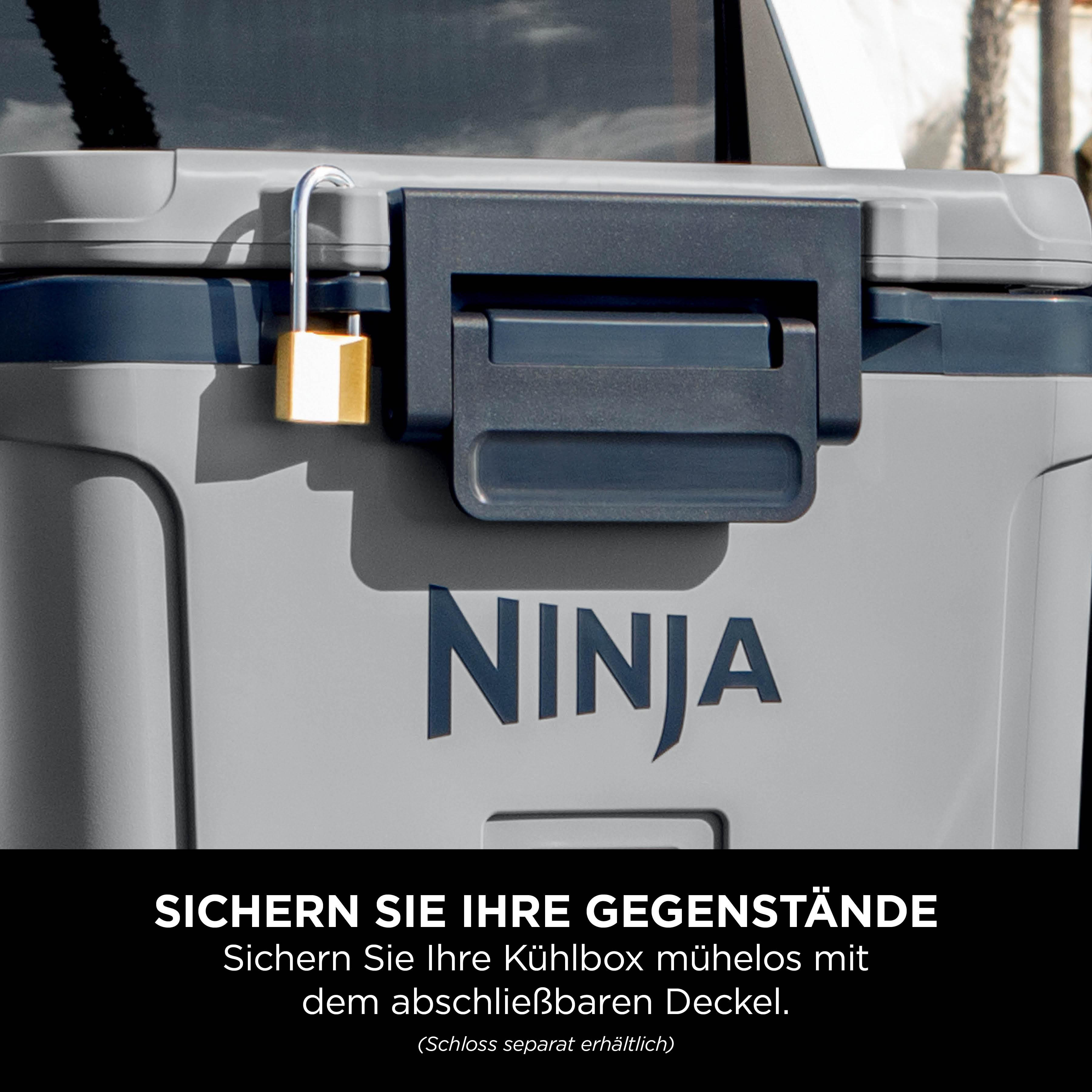 Graue Kühlbox mit blauem Ninja-Logo und goldenem Vorhängeschloss.