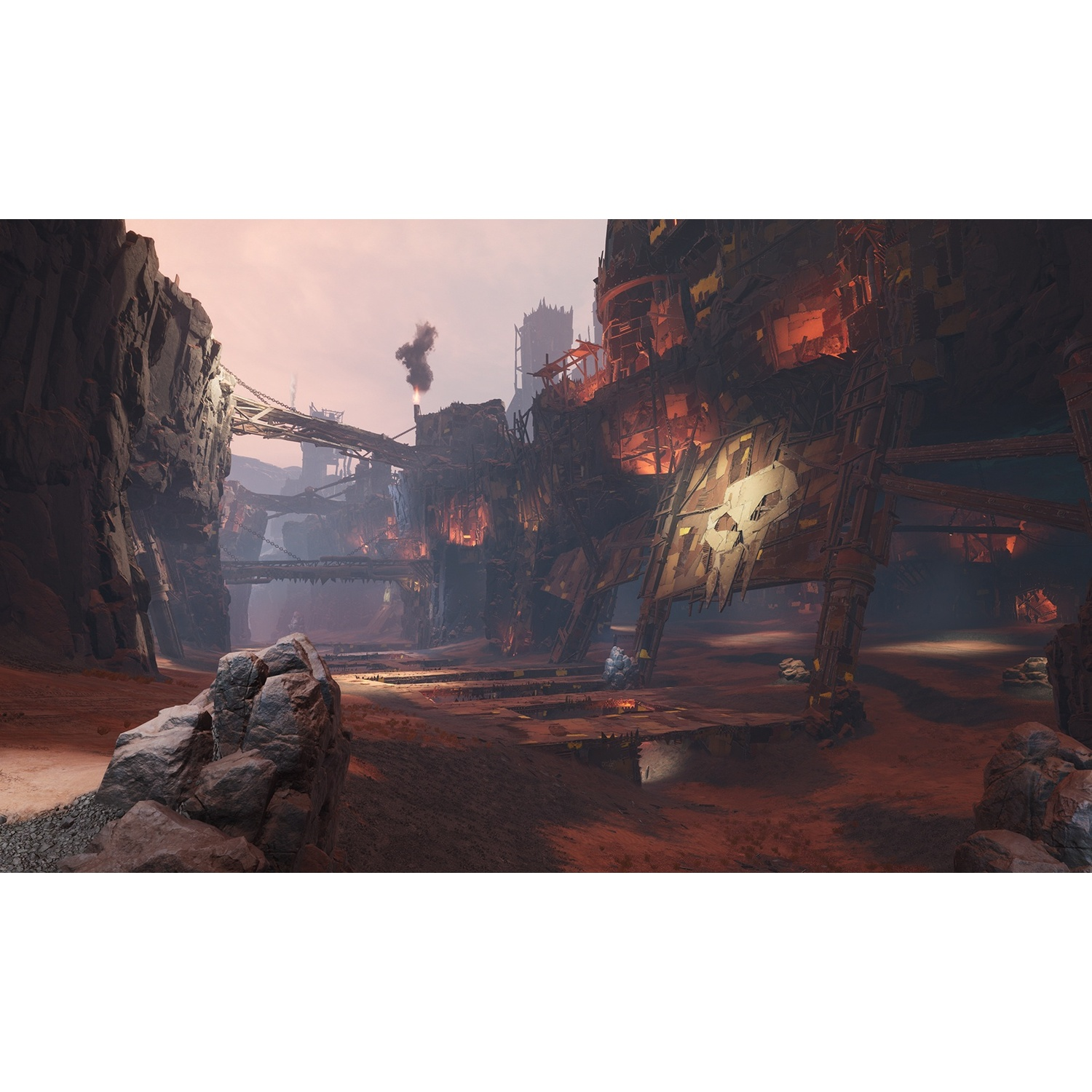 A gritty industrial landscape with rocky cliffs and bridges.