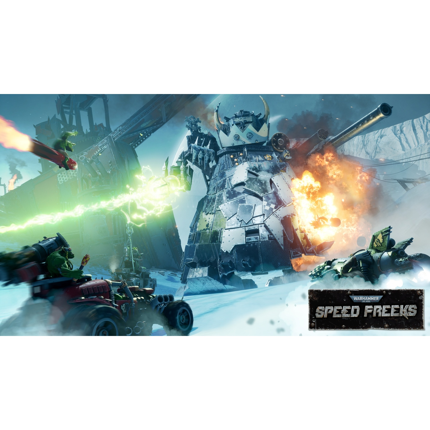 Orks in vehicles battle a giant mech in a snowy landscape with explosions.