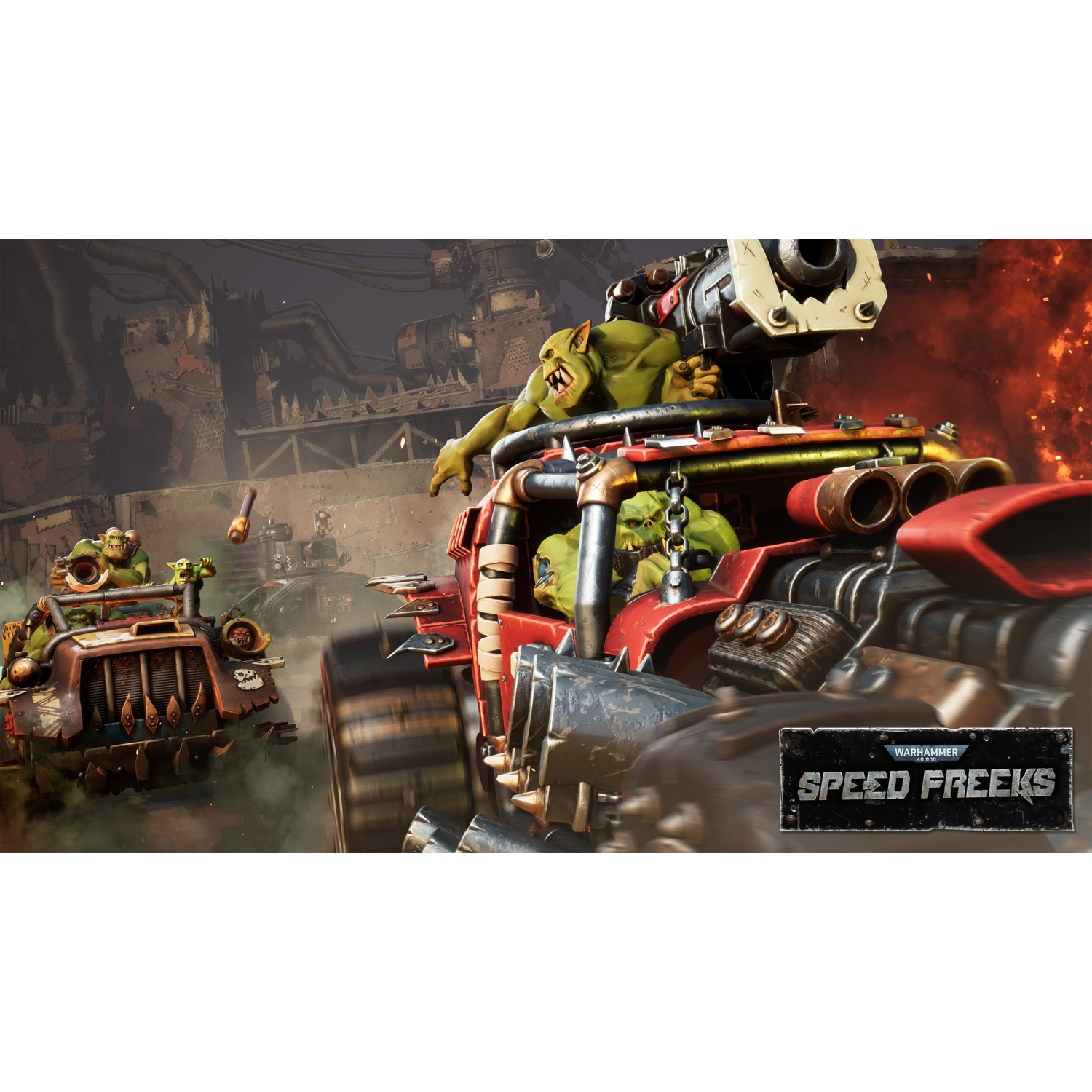 Green orcs in a vehicle with weapons, surrounded by fire and industry.