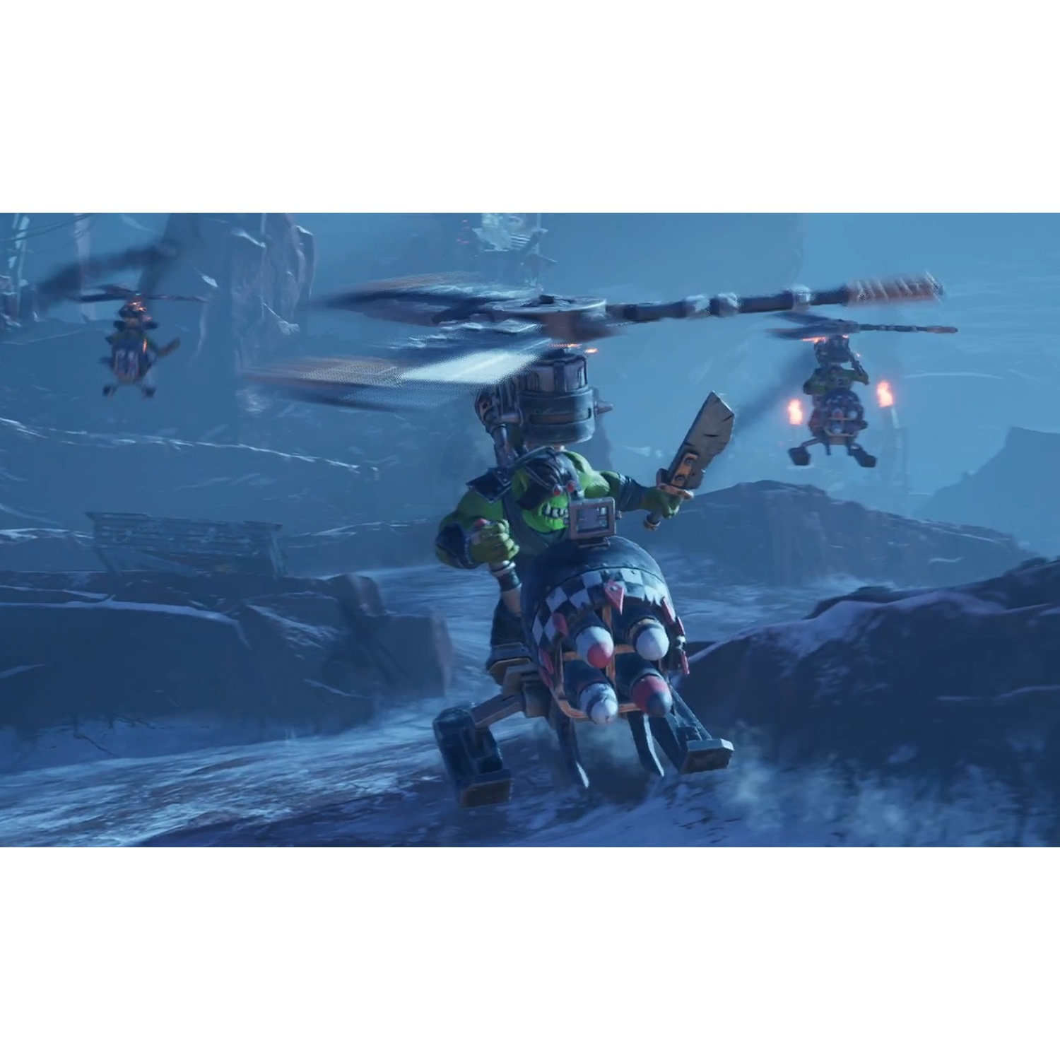 Green orc flies a helicopter through icy landscape with other orcs.