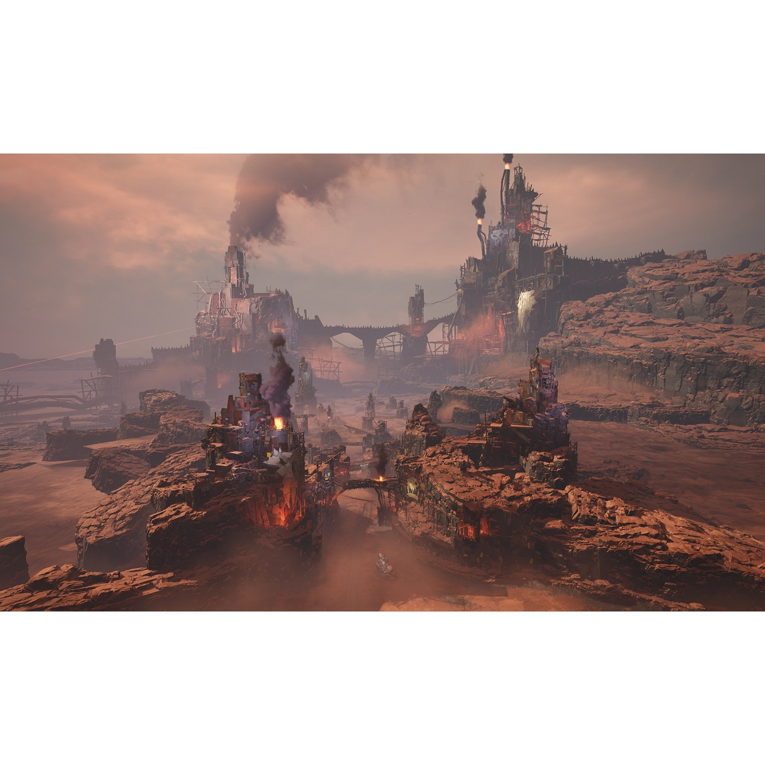 A dystopian industrial city on rocky terrain, with smoking chimneys and glowing furnaces.