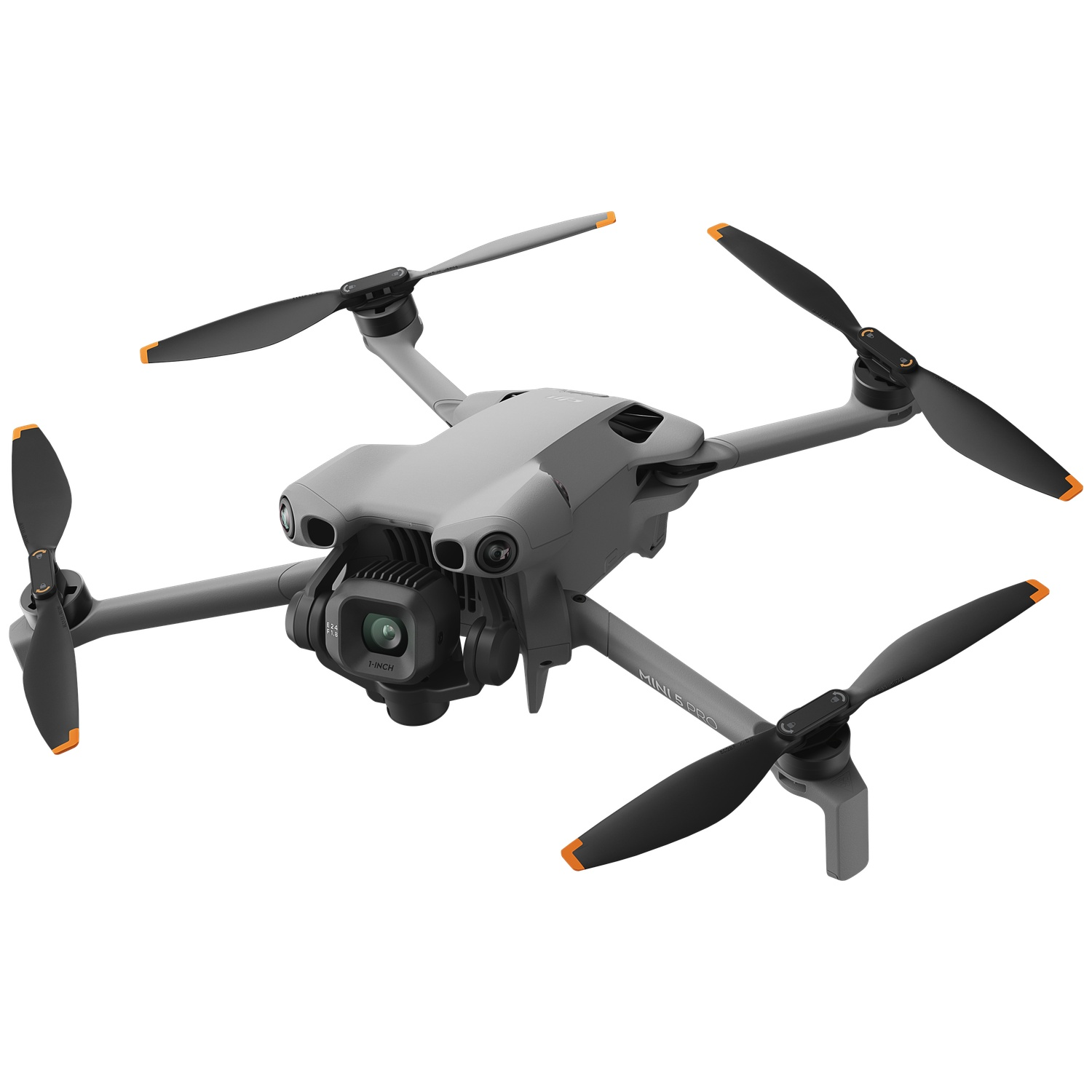 Gray quadcopter drone with black propellers, orange tips, and camera.