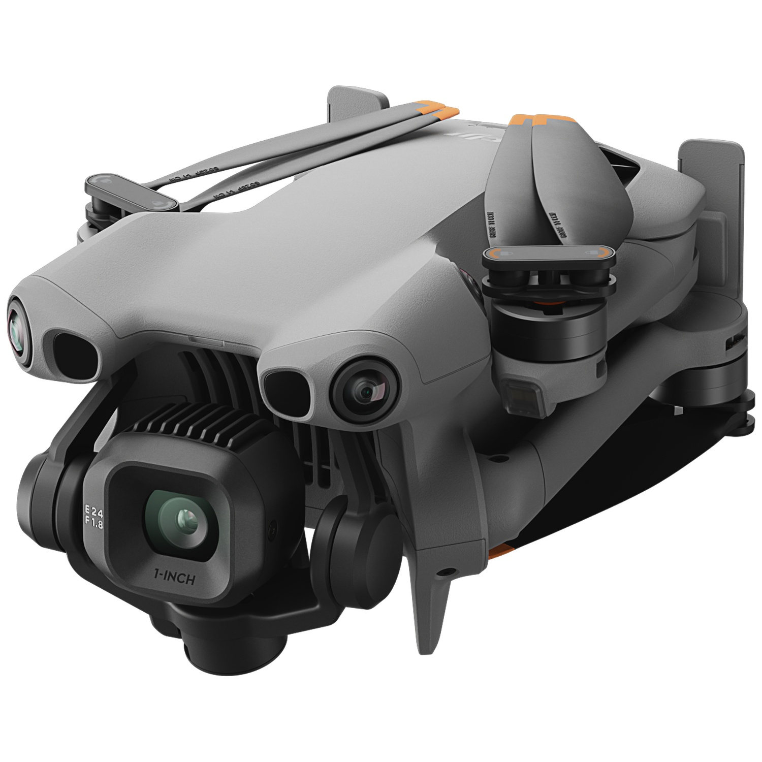 A gray foldable drone with orange accents and a camera is shown.
