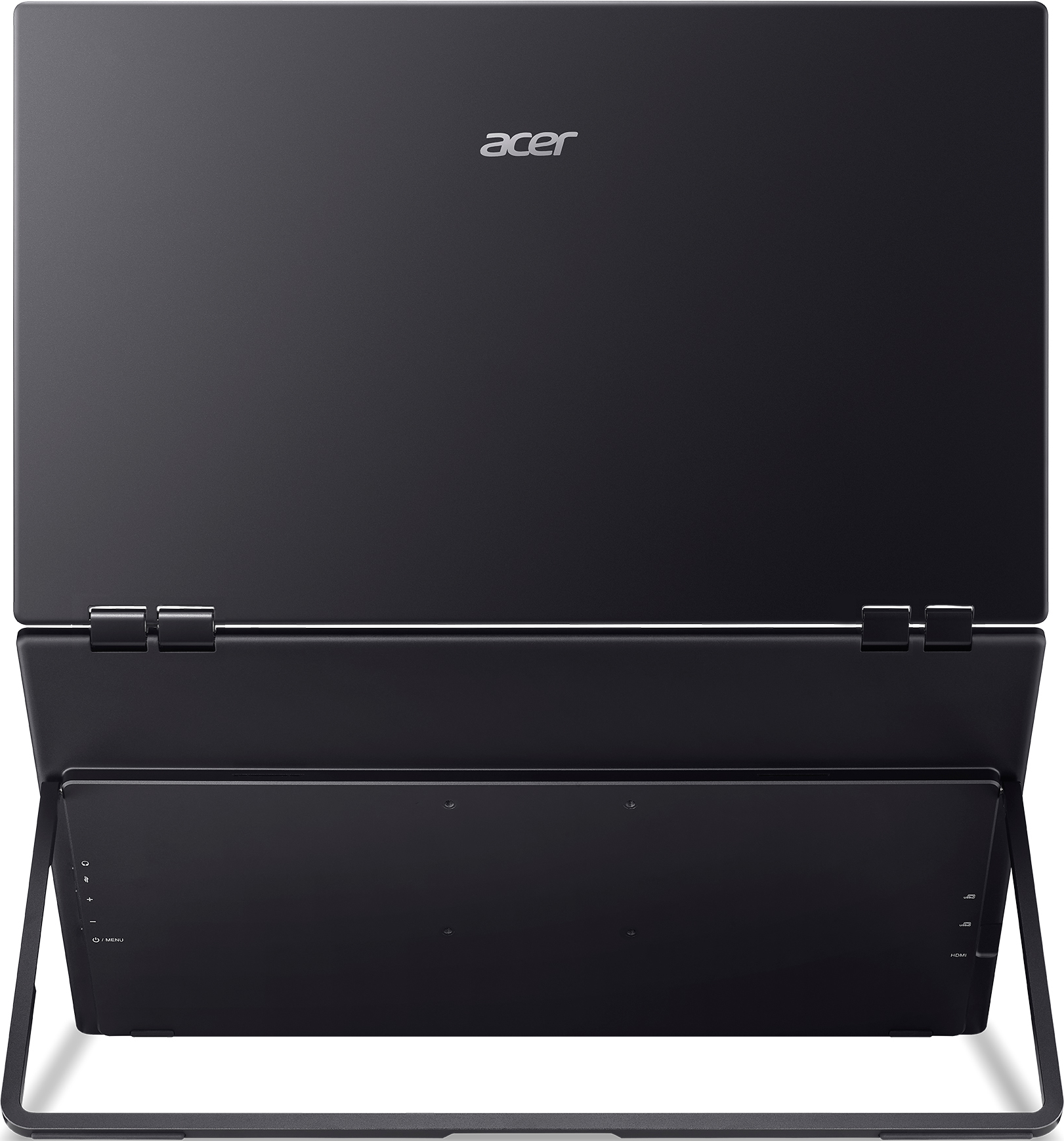 Un laptop Acer nero, aperto e visto da dietro, con un cavalletto esteso.