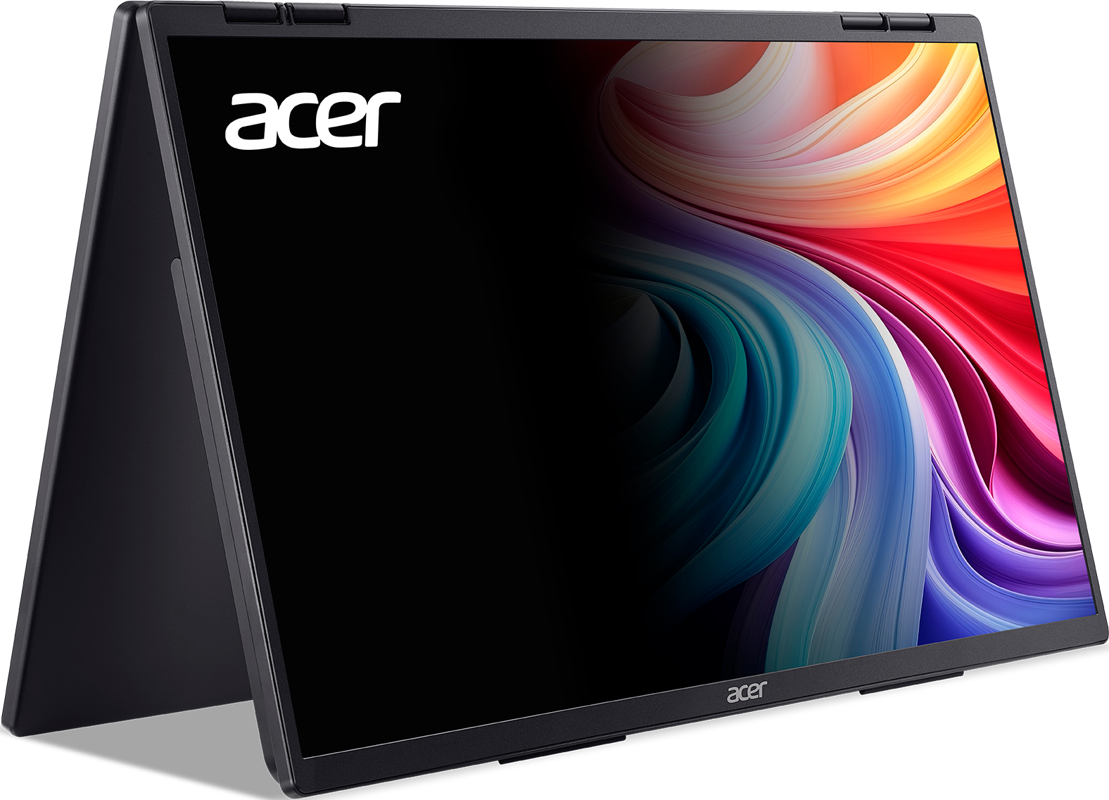 Un laptop Acer nero in modalità tenda con uno sfondo colorato.
