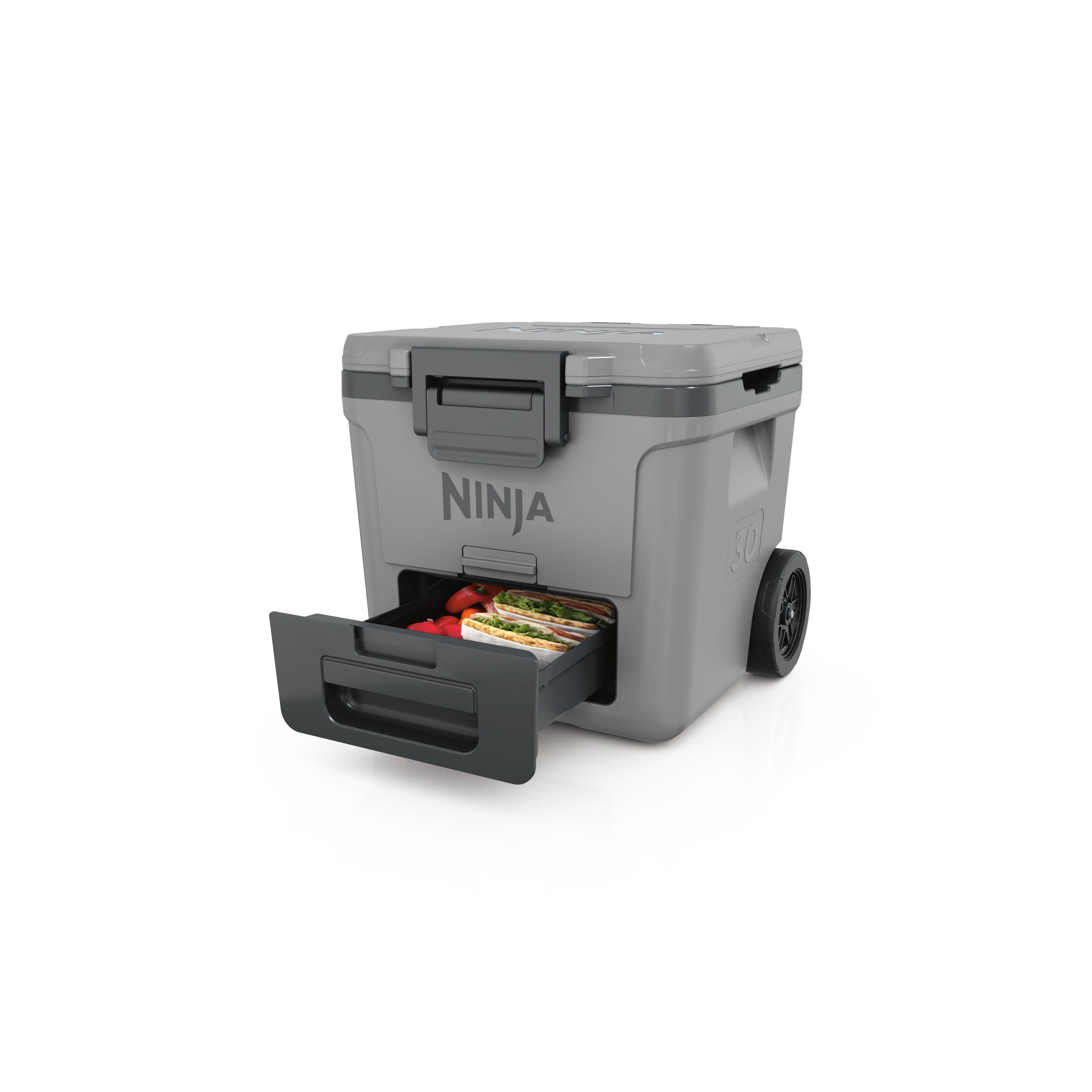 Grauer Kühlbox mit Rädern, Schublade mit Sandwiches und Tomaten.