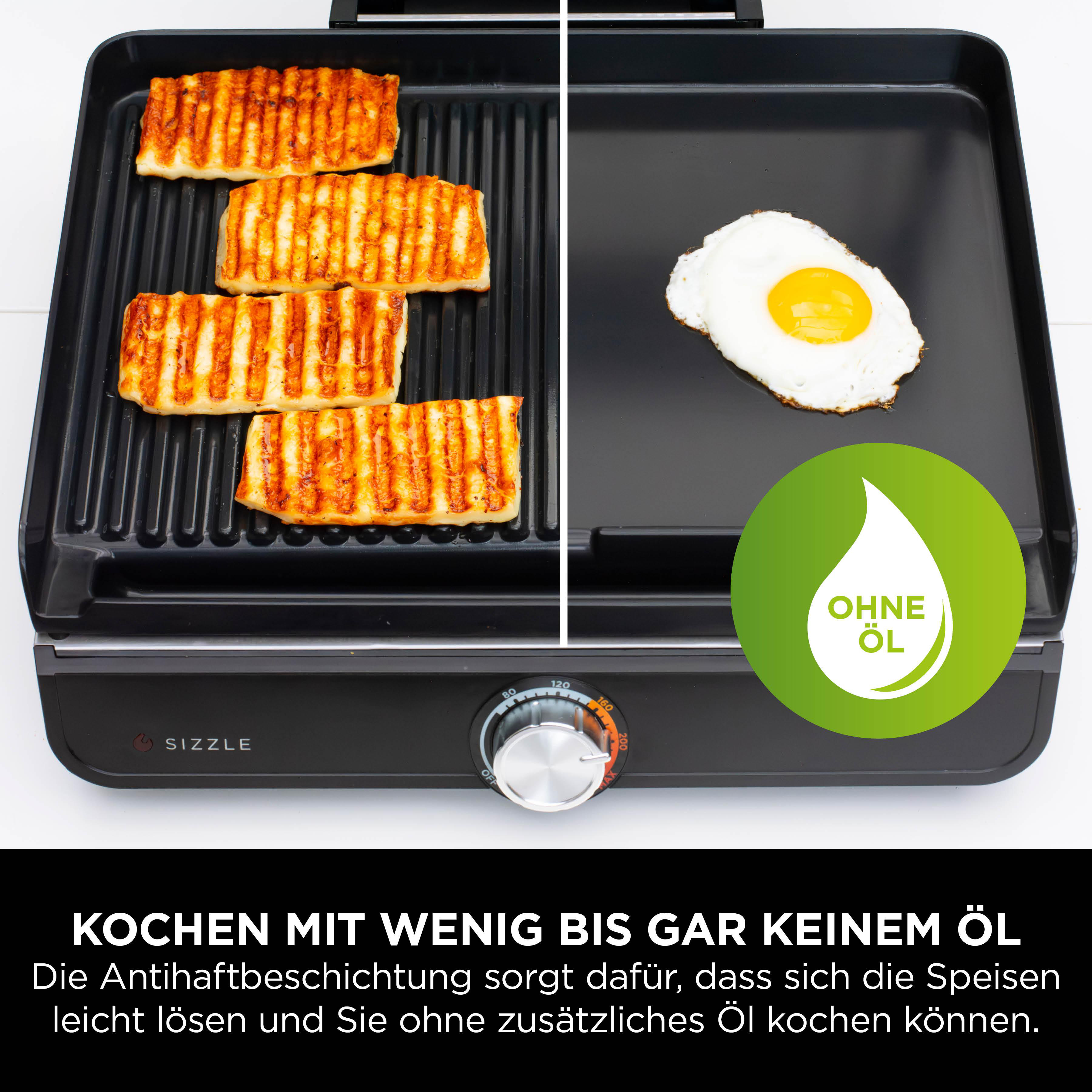 Grillplatte mit gegrilltem Käse und Spiegelei, ohne Öl.
