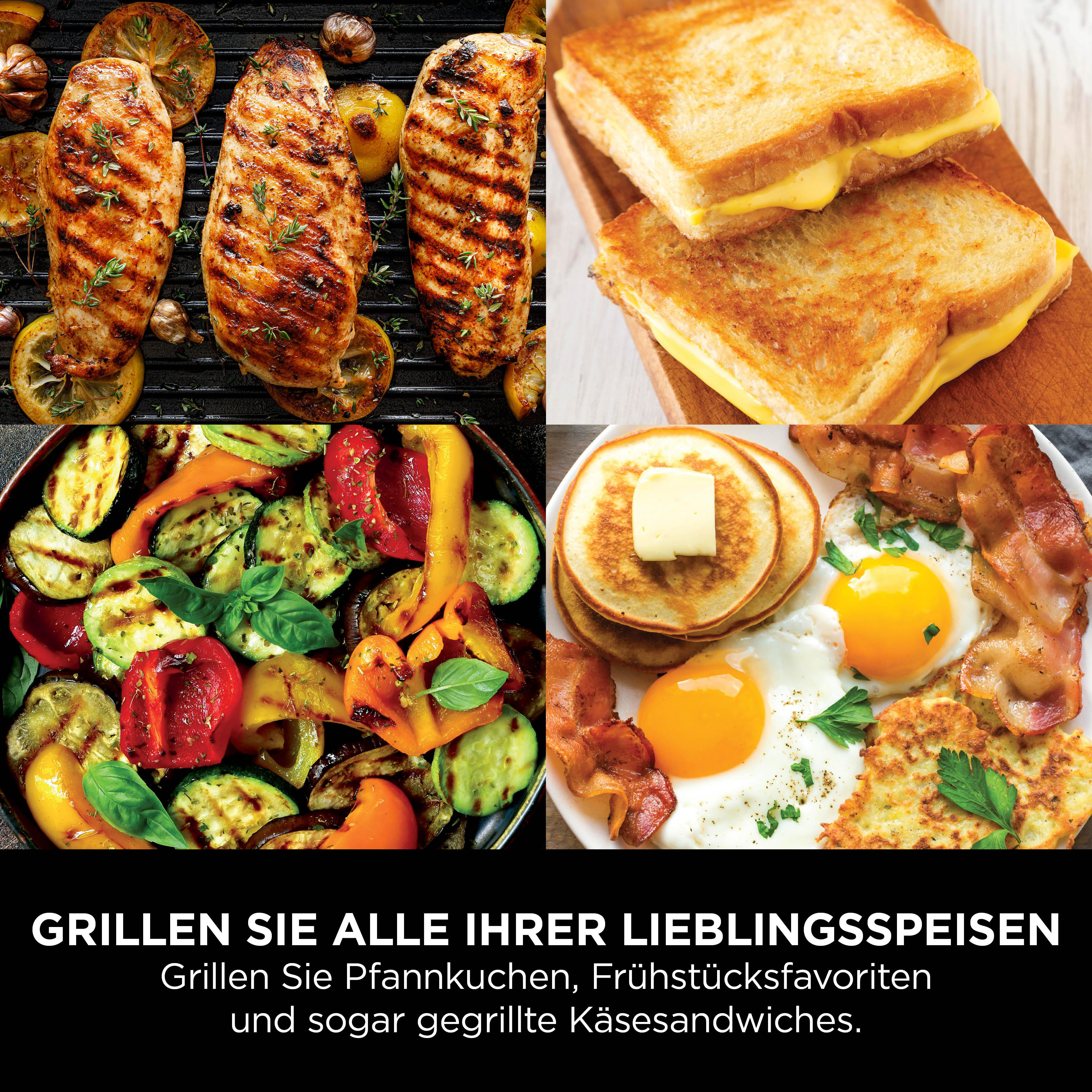 Gegrilltes Hähnchen, Sandwiches, Gemüse, Pfannkuchen, Eier, Speck.
