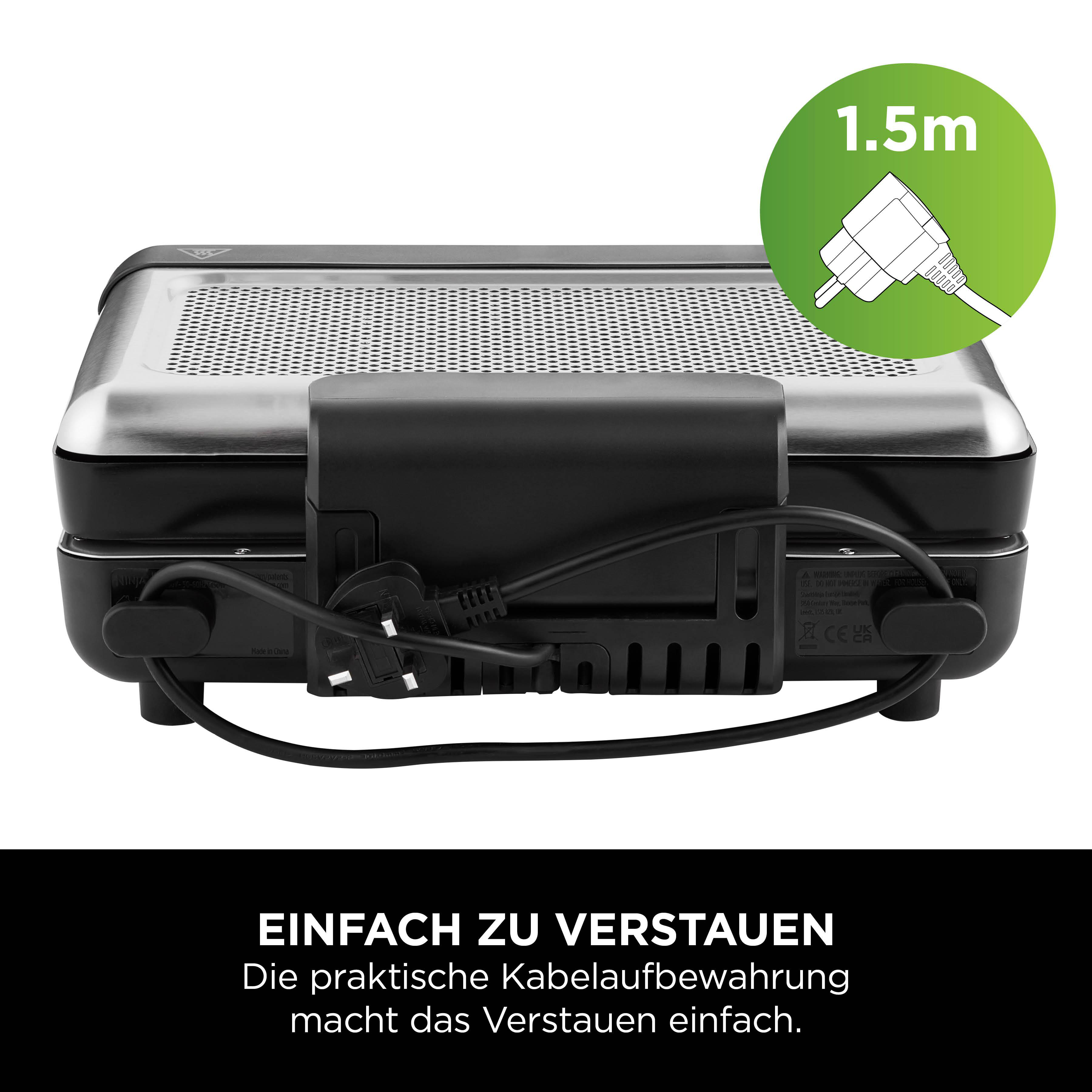 Silberner Grill mit schwarzem Kabelmanagement. Ein grüner Kreis zeigt 1,5m an.