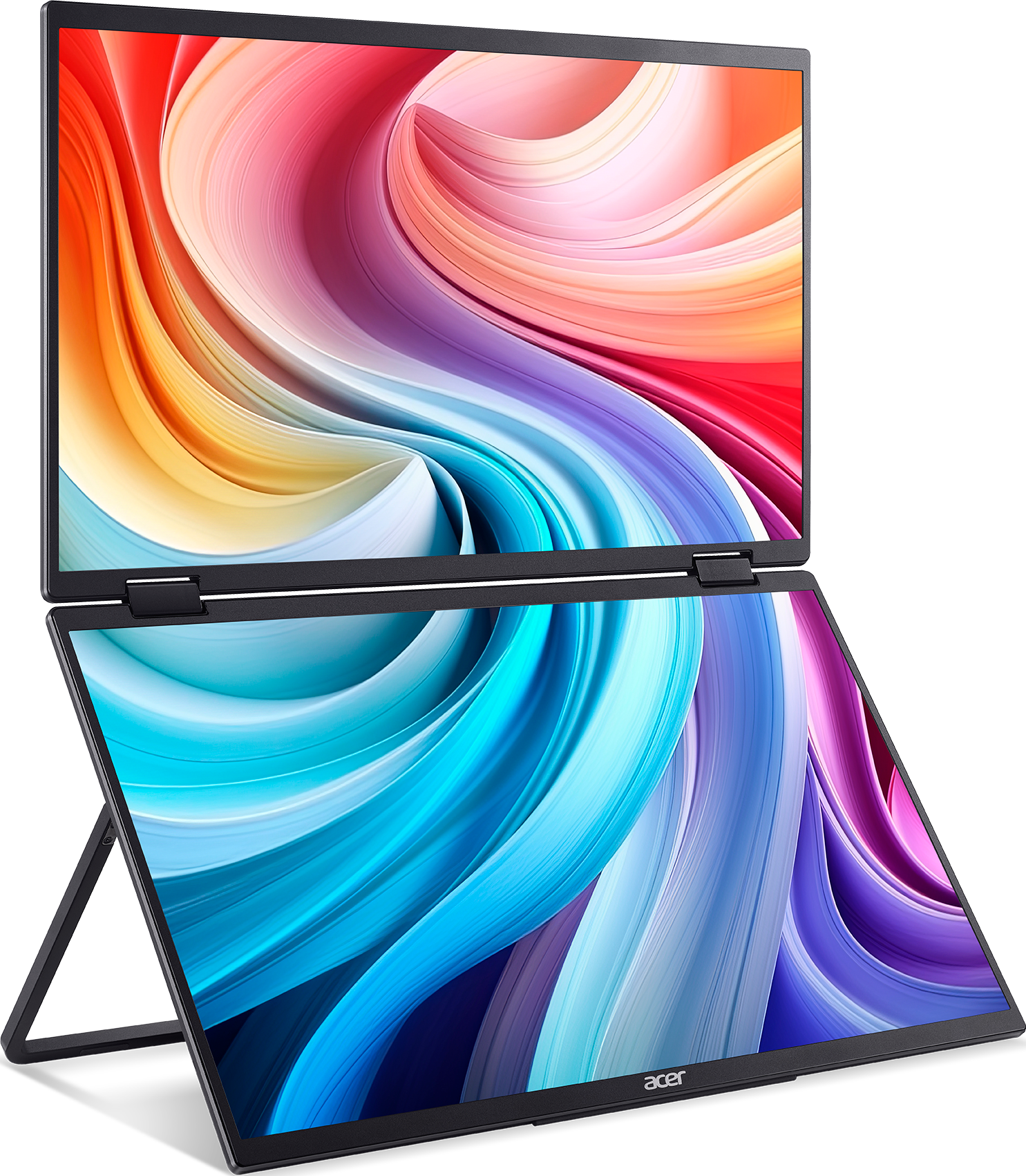 Un laptop aperto con due schermi che mostrano motivi astratti e colorati.