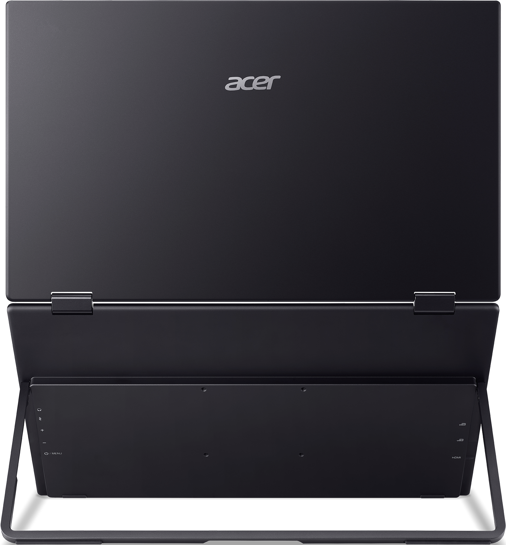 Un laptop Acer nero con schermo aperto e supporto.