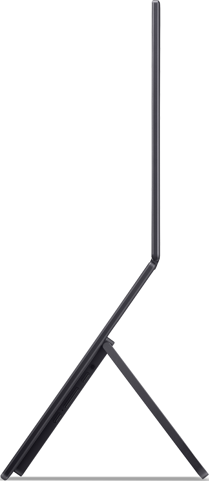 Tablet grigio scuro con supporto, visto di lato.
