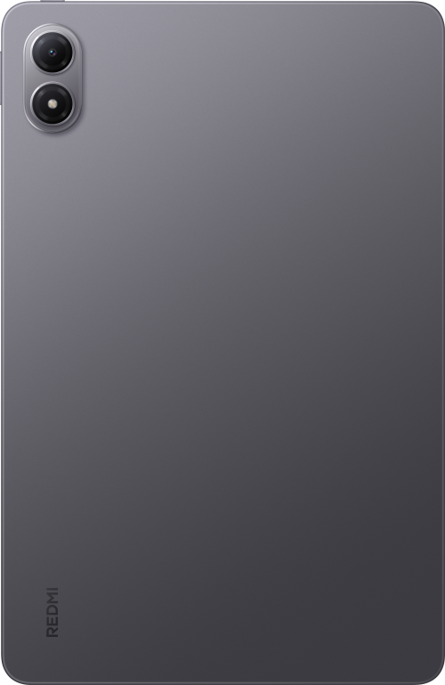 Rückseite eines grauen Tablets mit zwei Kameras und Redmi-Logo.