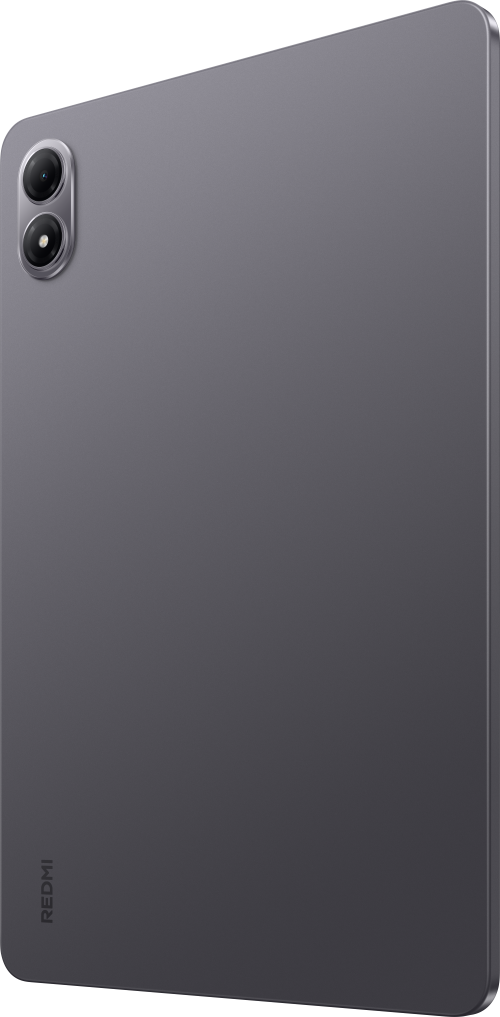 Rückseite eines grauen Tablets mit zwei Kameras oben links und dem Redmi-Logo unten.
