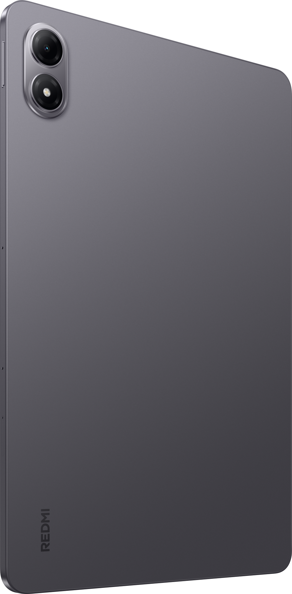 Graues Tablet mit zwei Kameras und Redmi-Logo auf der Rückseite.