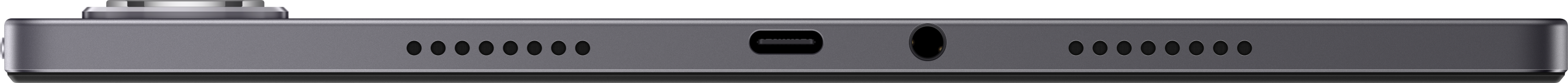 Graues Tablet mit Lautsprecheröffnungen, USB-C-Anschluss und Kopfhöreranschluss.