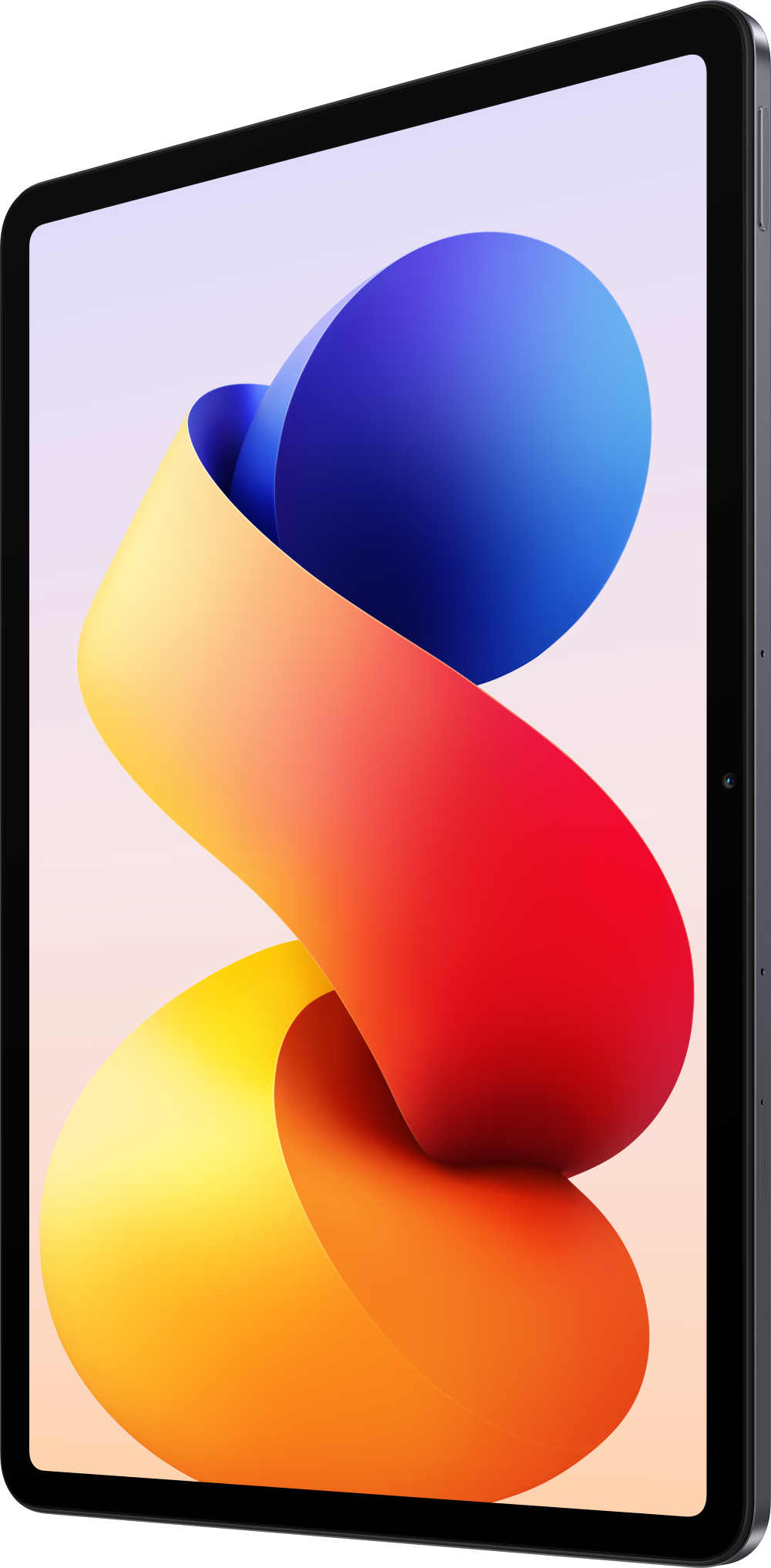 Ein Tablet zeigt ein abstraktes, mehrfarbiges Band aus Gelb, Rot und Blau.