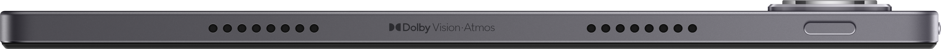 Ein graues Tablet mit Lautsprechergittern und Dolby Vision-Atmos-Logo.