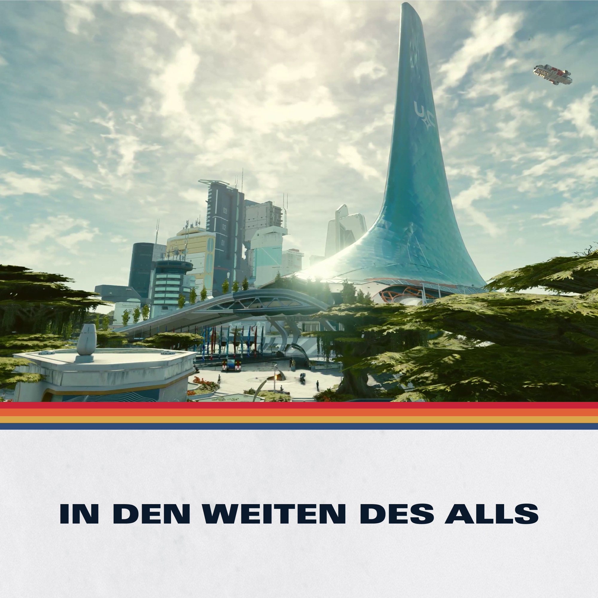 Futuristische Stadt mit hohem blauen Turm, Bäumen und fliegendem Schiff.