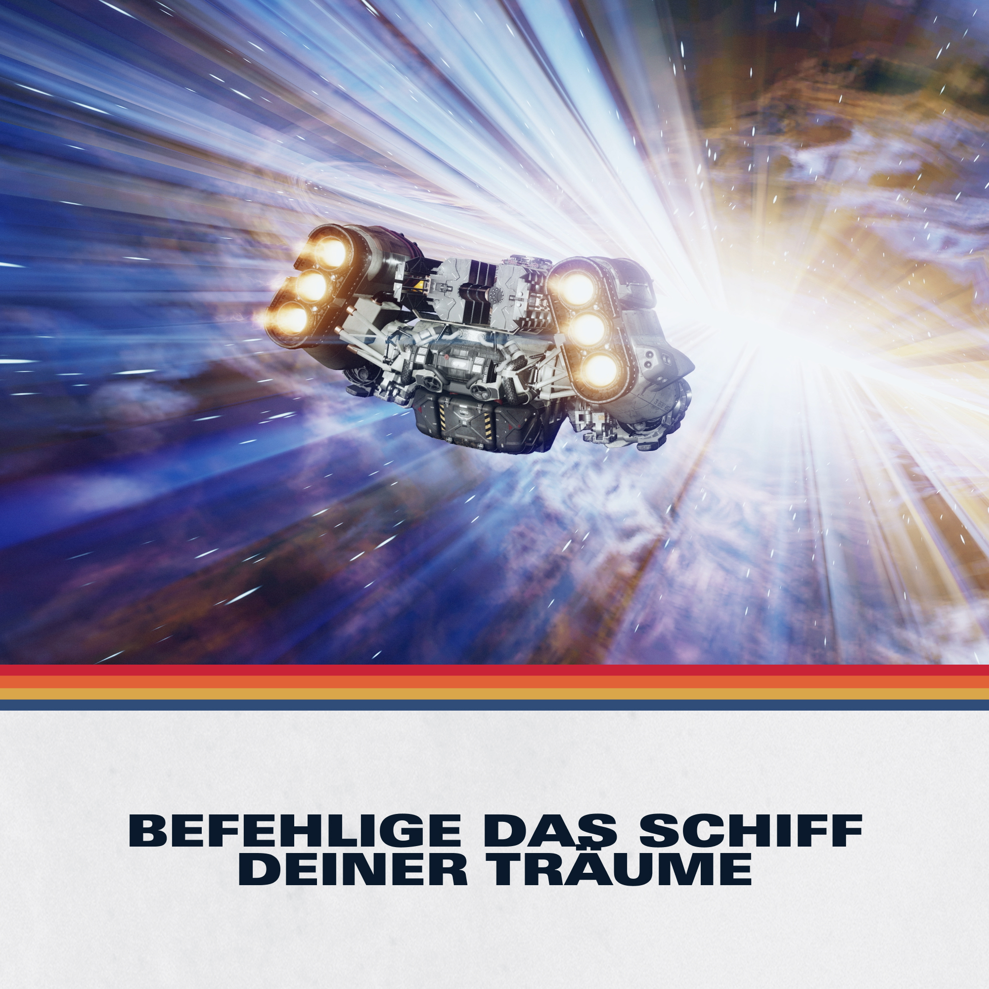 Ein Raumschiff fliegt durch einen blauen Wurmloch-Effekt.