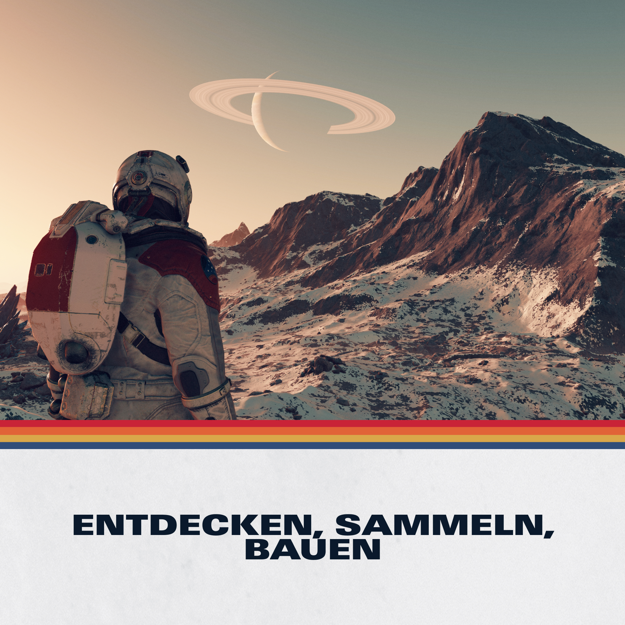 Astronaut blickt auf schneebedeckte Berge; planet mit Ringen am Himmel.