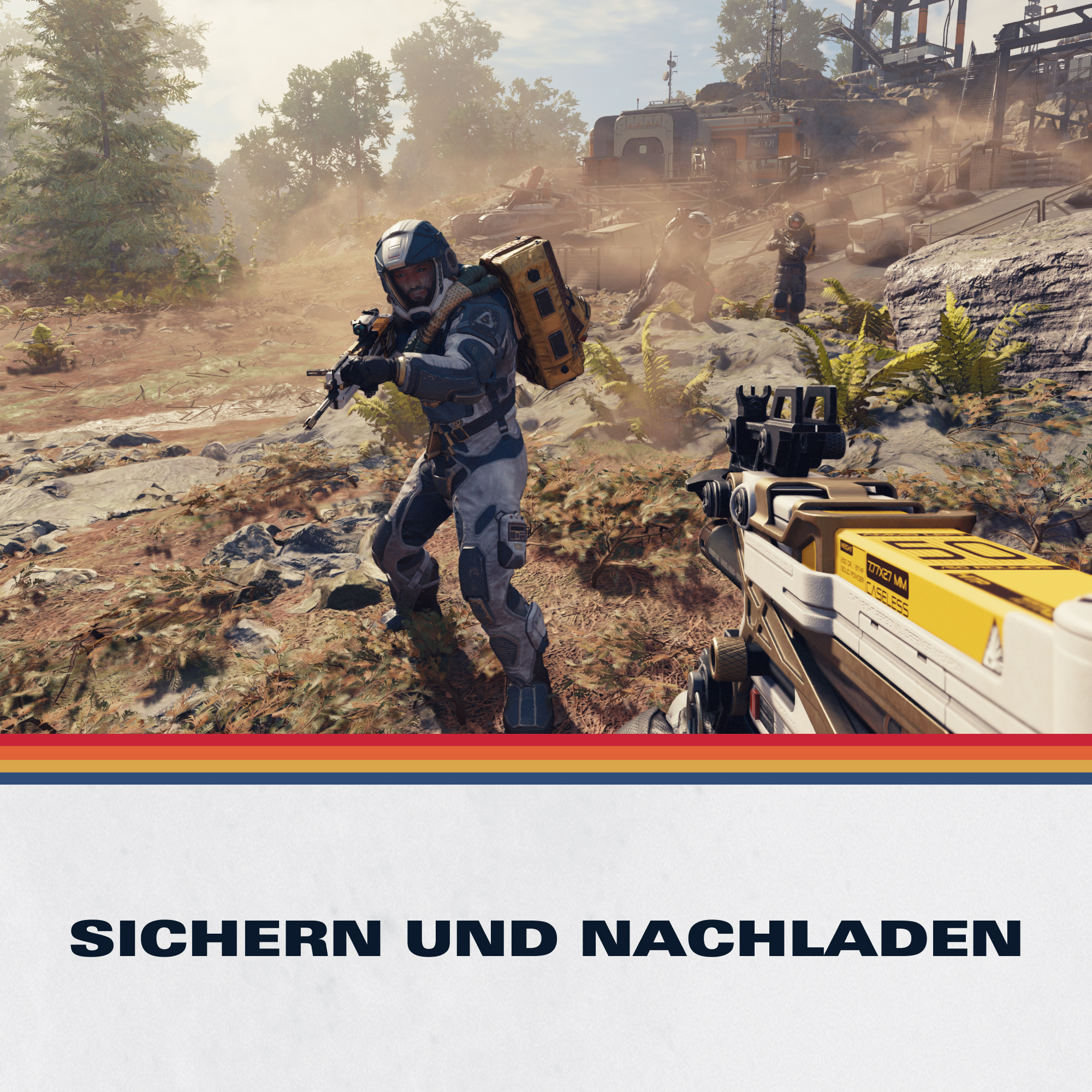Soldaten in futuristischer Rüstung mit Waffen in einer staubigen, felsigen Landschaft.