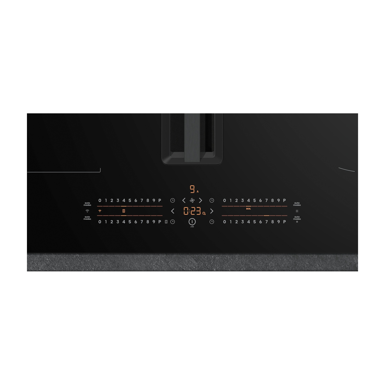 Un piano cottura nero con controlli digitali e timer.