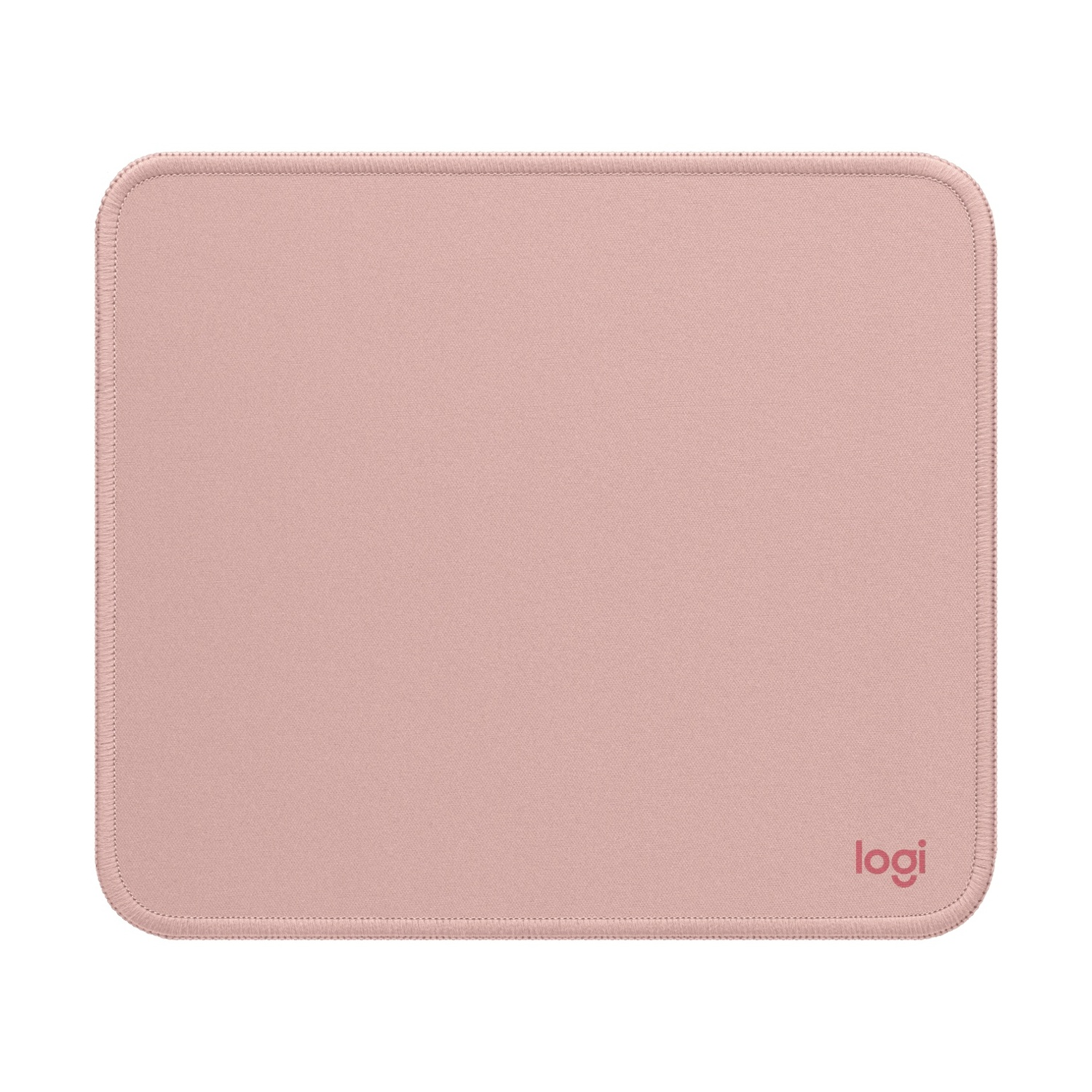 Un tappetino per mouse color rosa cipria con logo Logi in basso a destra.