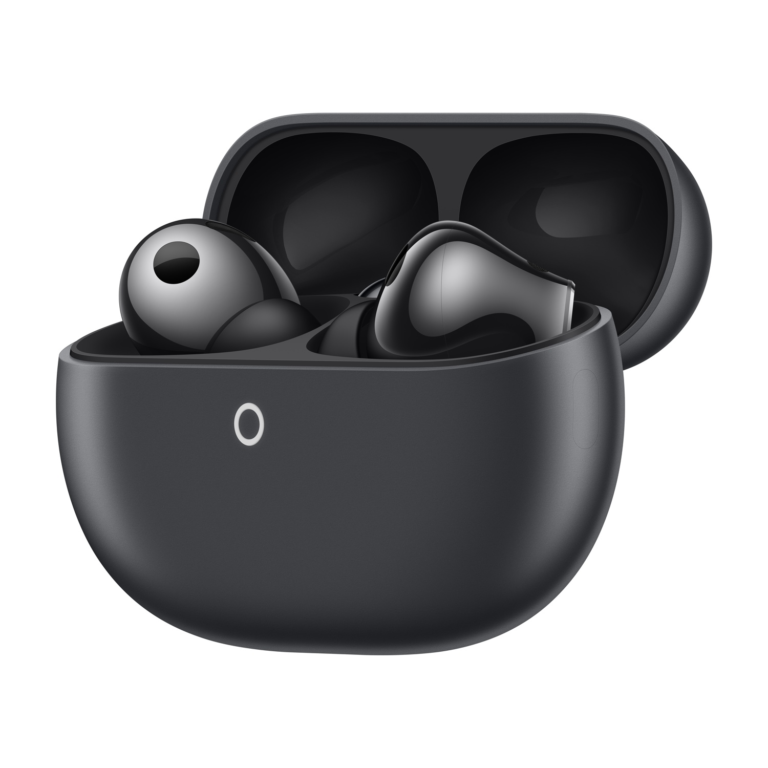 Auricolari wireless neri in una custodia di ricarica aperta.