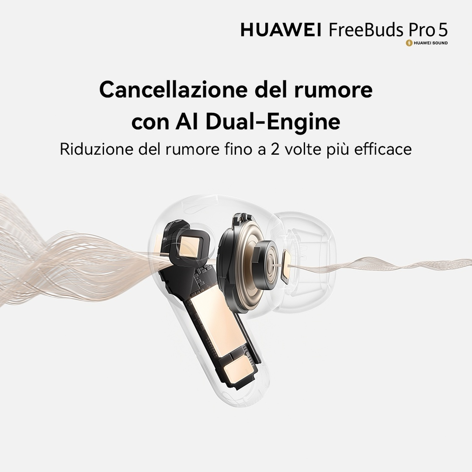 Vista trasparente di HUAWEI FreeBuds Pro 5 con componenti interni e motivo a onde.