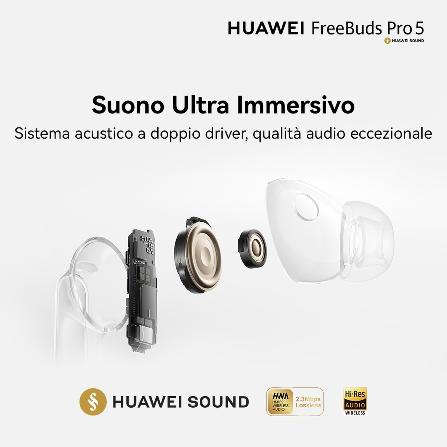 Vista esplosa degli auricolari Huawei FreeBuds Pro 5, che evidenzia i componenti interni.