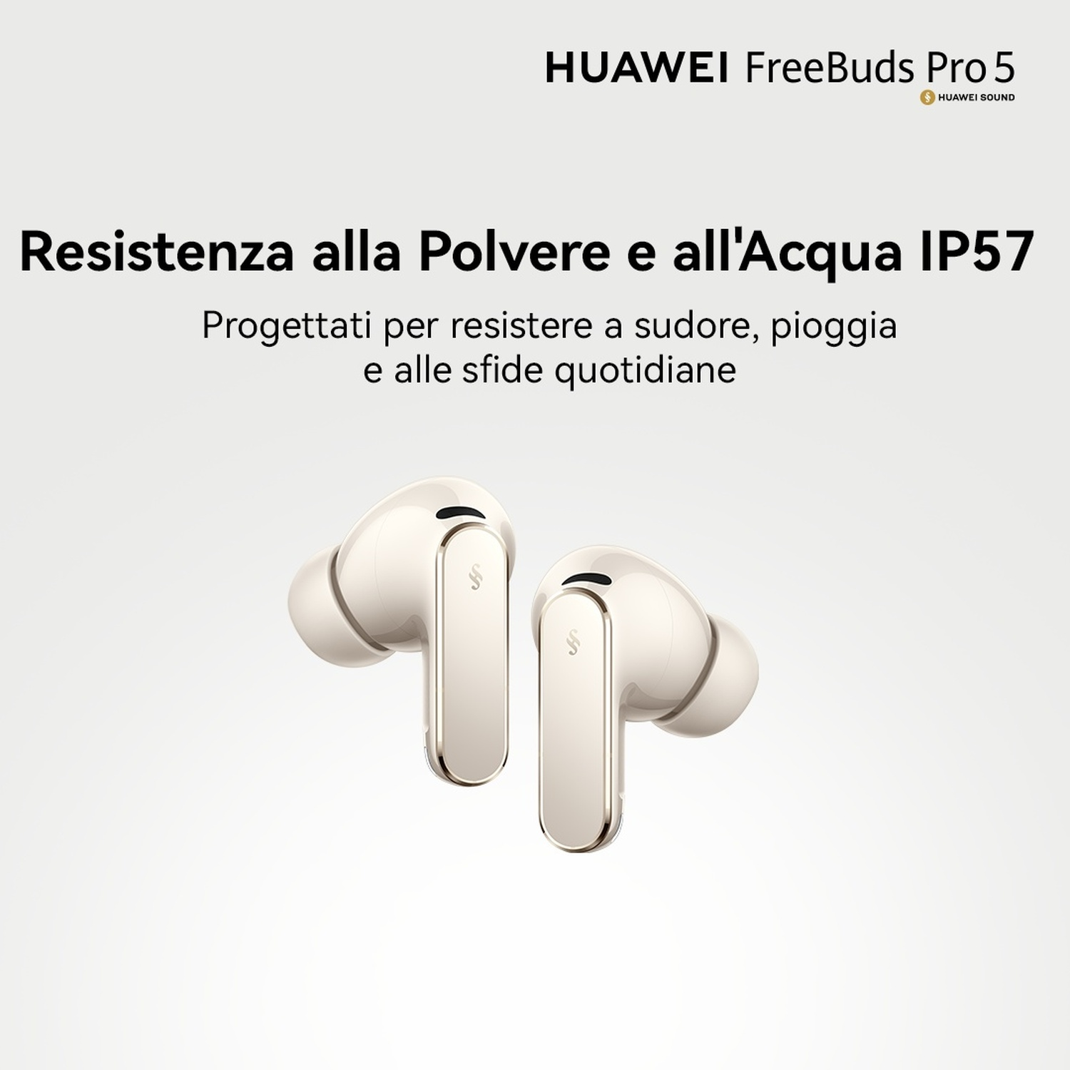Auricolari bianchi Huawei FreeBuds Pro 5 con resistenza IP57 a polvere e acqua.
