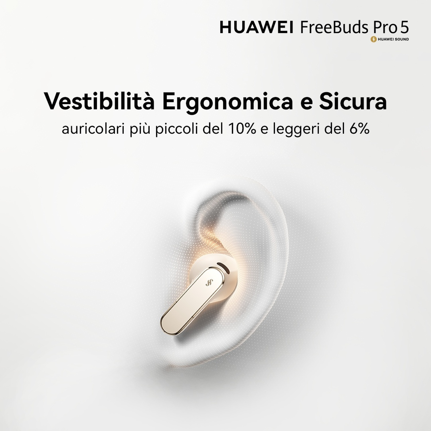 Un auricolare dorato poggia in un orecchio stilizzato. Testo promuove Huawei FreeBuds Pro 5.