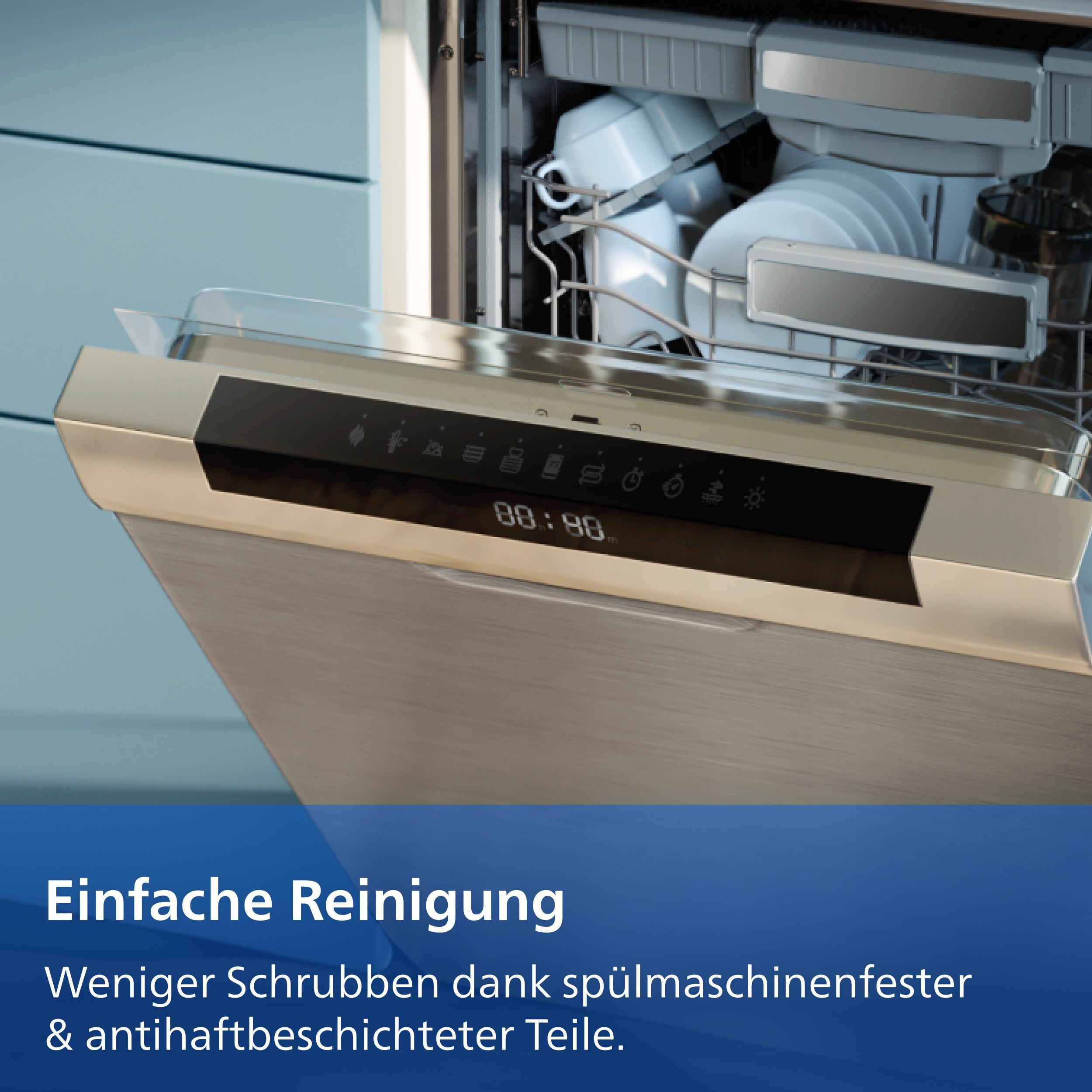 Geschirrspüler mit geöffneter Tür und gefülltem Korb. Zeitdisplay.