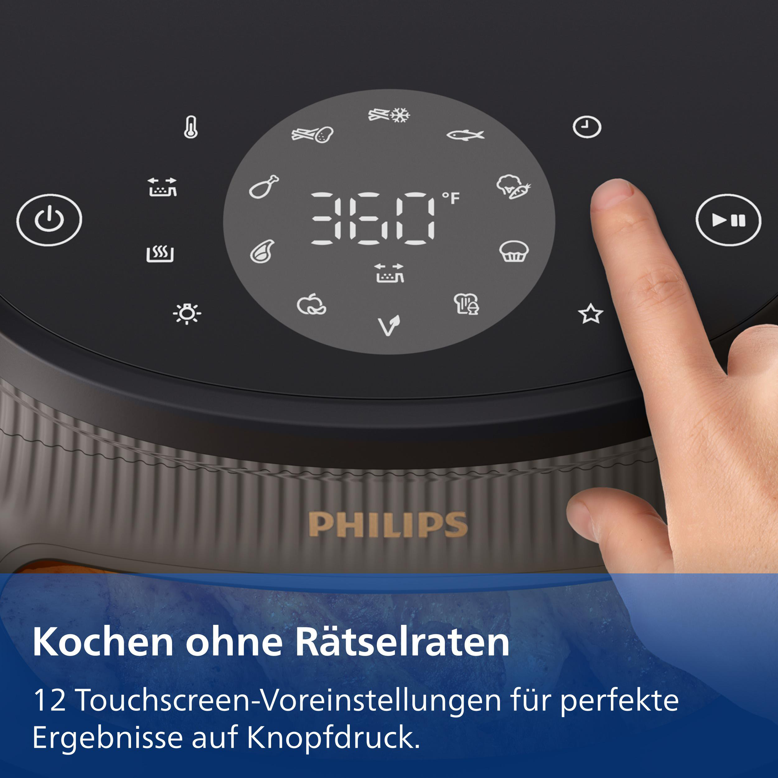 Ein Finger drückt auf das Bedienfeld eines Philips Airfryers mit 360°C.