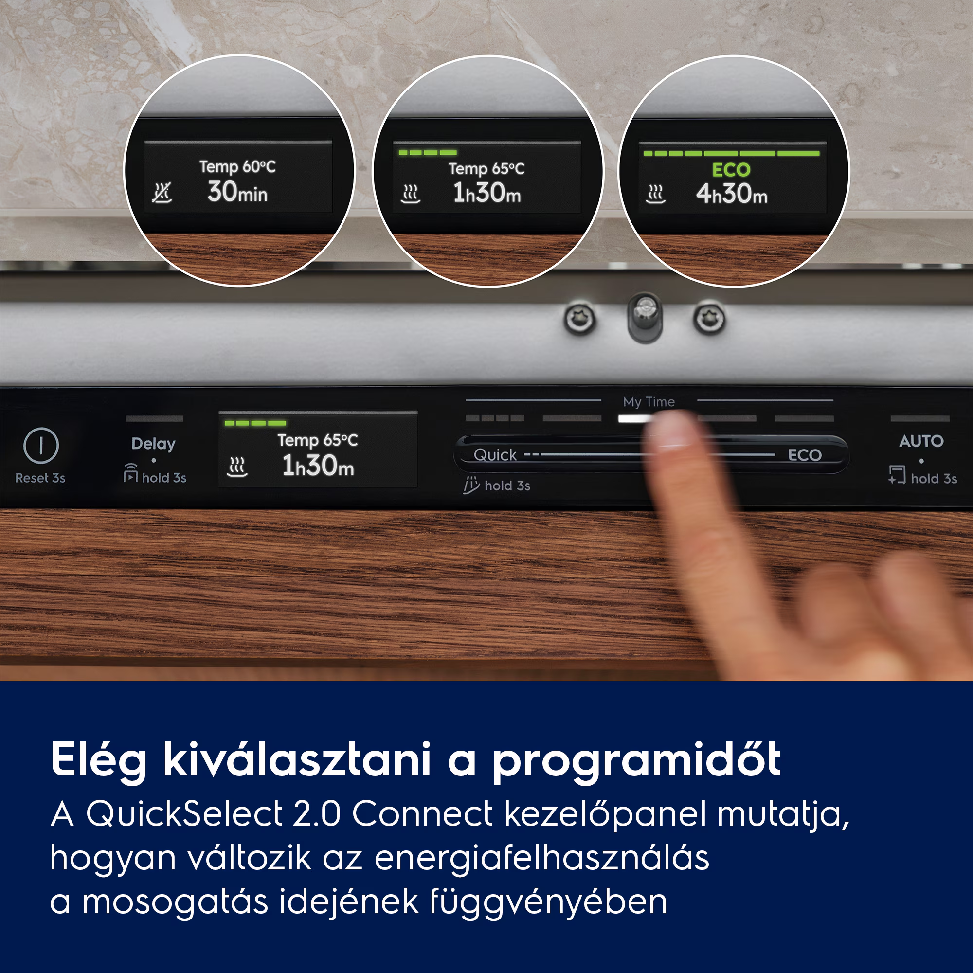 Egy ujj programot választ ki egy mosogatógép érintőképernyős kezelőpanelén.