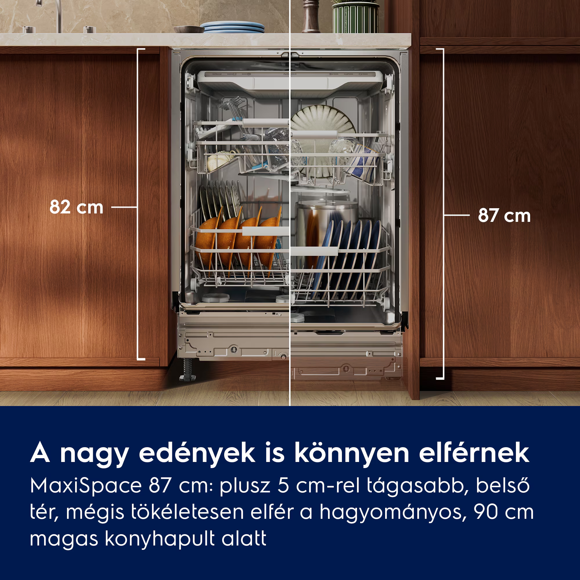 Mosogatógép 82 és 87 cm magas, tele edényekkel.