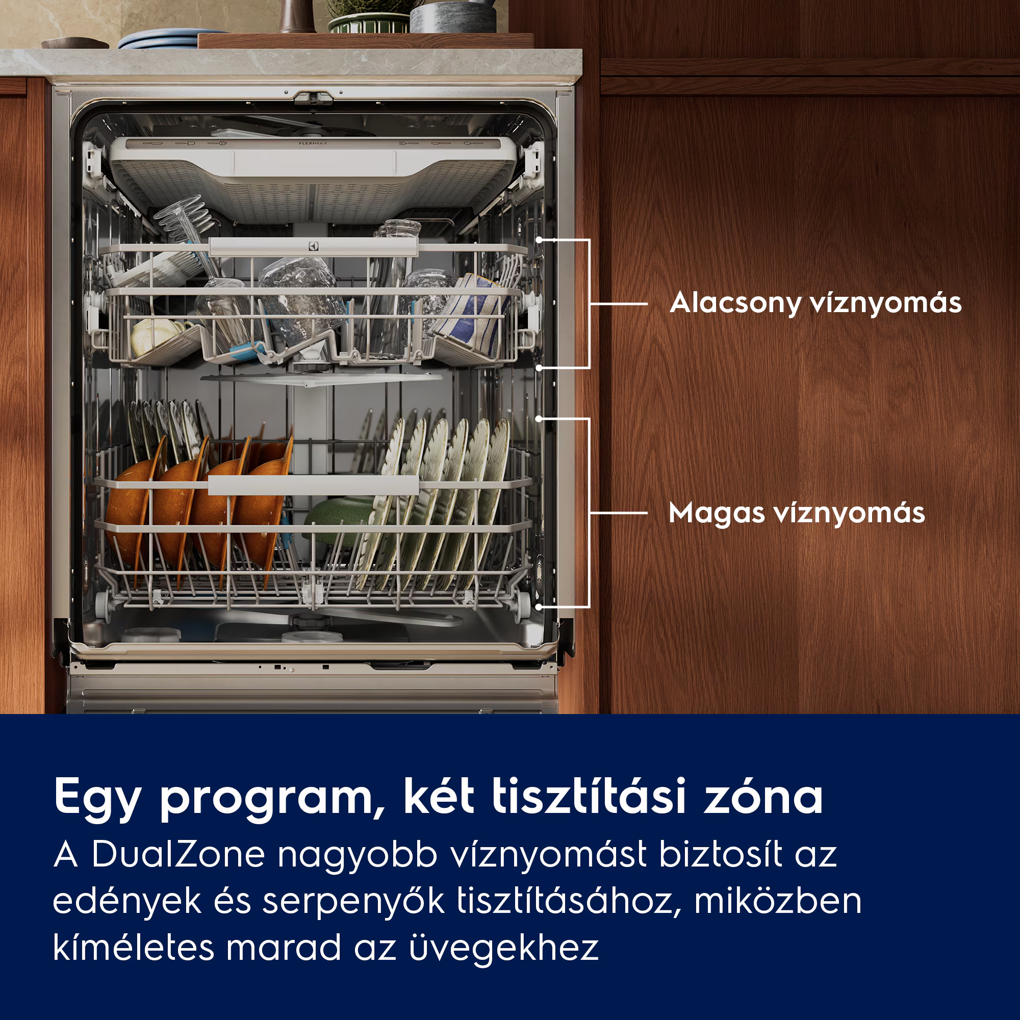 Mosogatógép két zónával: alacsony víznyomás finom edényekhez, magas nyomás a makacs szennyeződésekhez.
