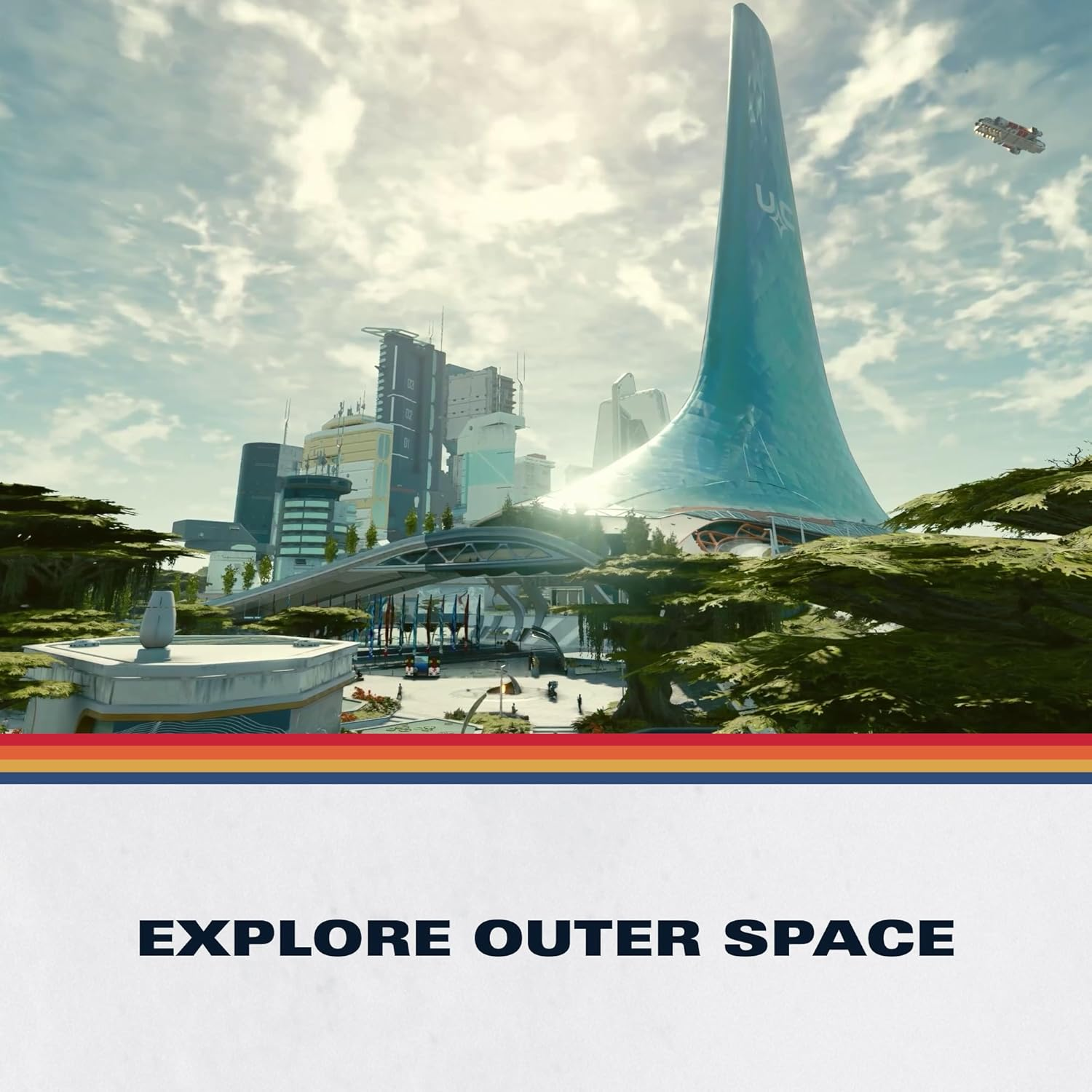 Une ville futuriste avec de hauts bâtiments, une grande tour bleue et un vaisseau spatial.