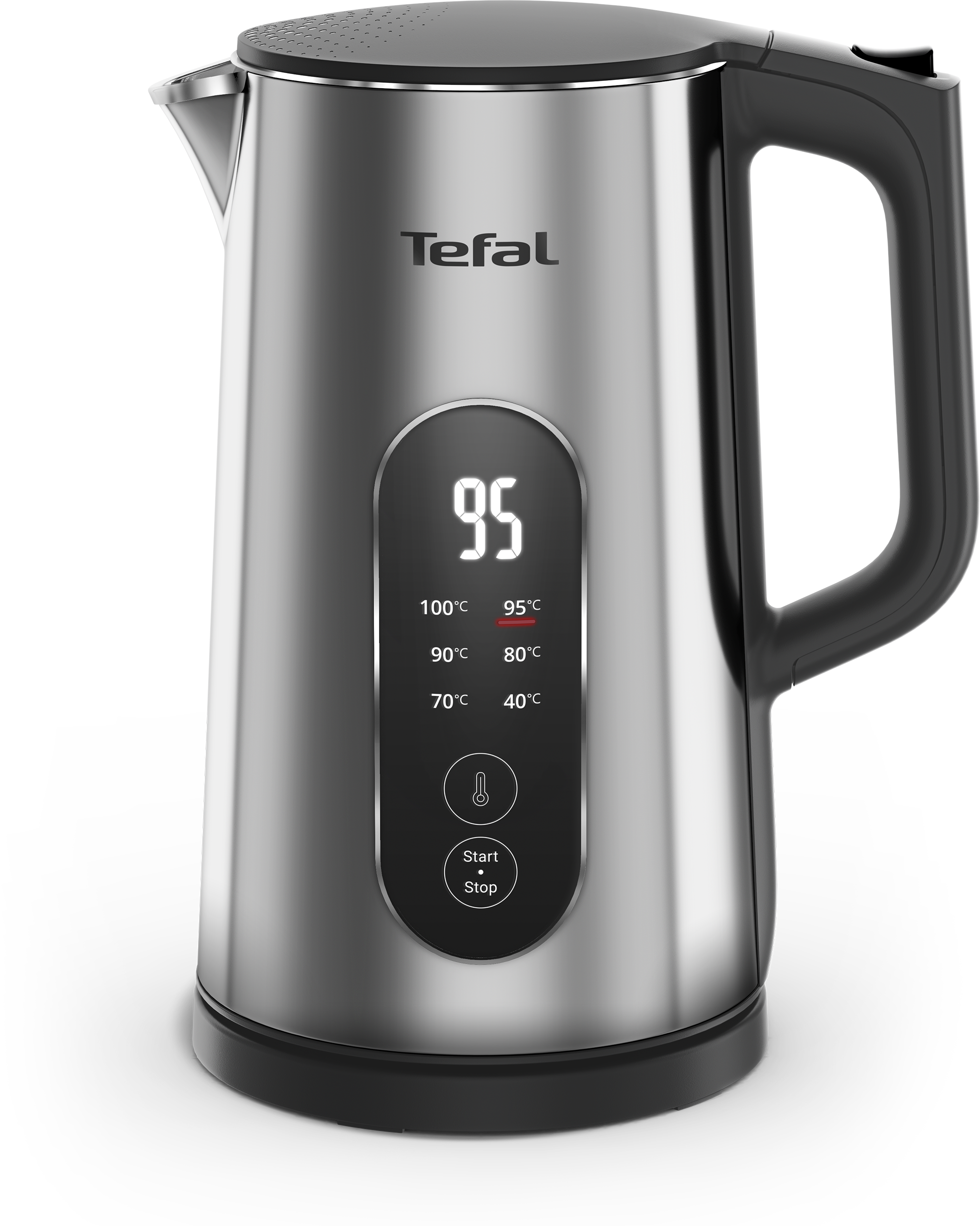 Ezüst Tefal vízforraló digitális kijelzővel, 95°C-ot mutat.