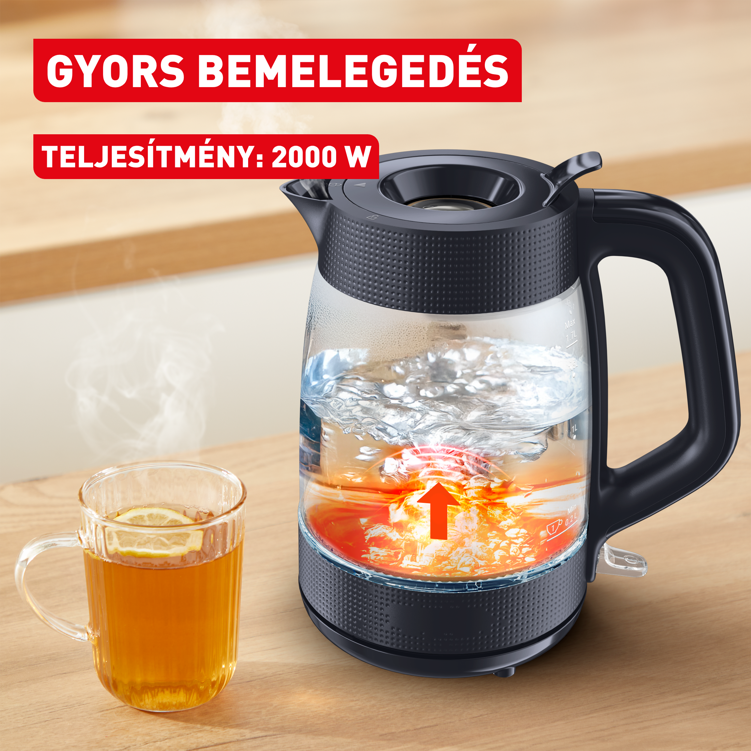 Egy csésze tea és egy vízforraló forrásban lévő vízzel és fűtésjelzővel.