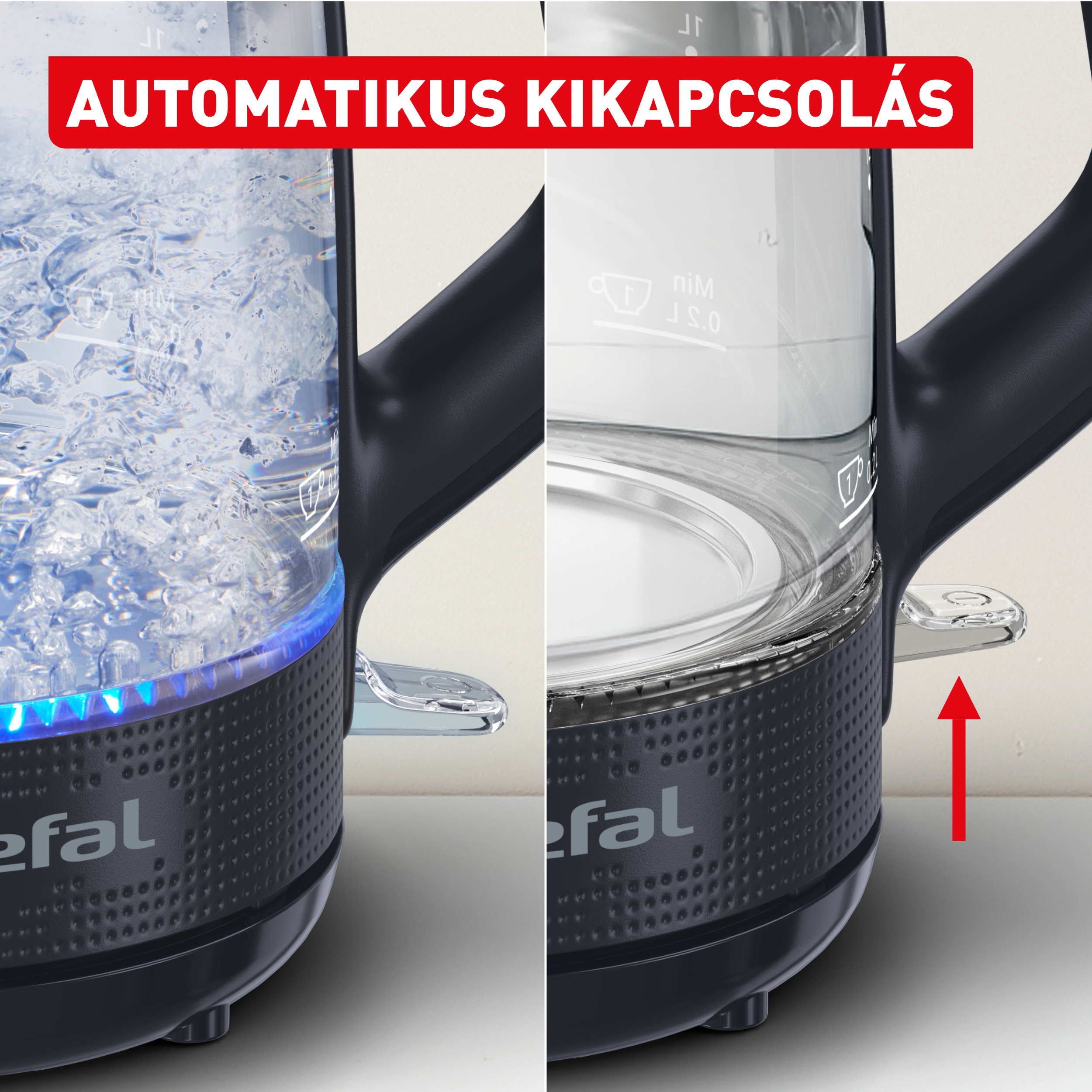 Vízforraló forrásban lévő vízzel balra és üresen jobbra. Piros nyíl felfelé mutat.