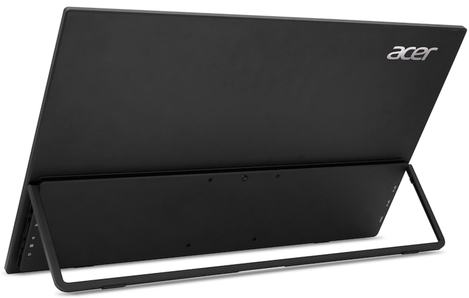 Monitor Acer negro sobre un soporte con logo visible.