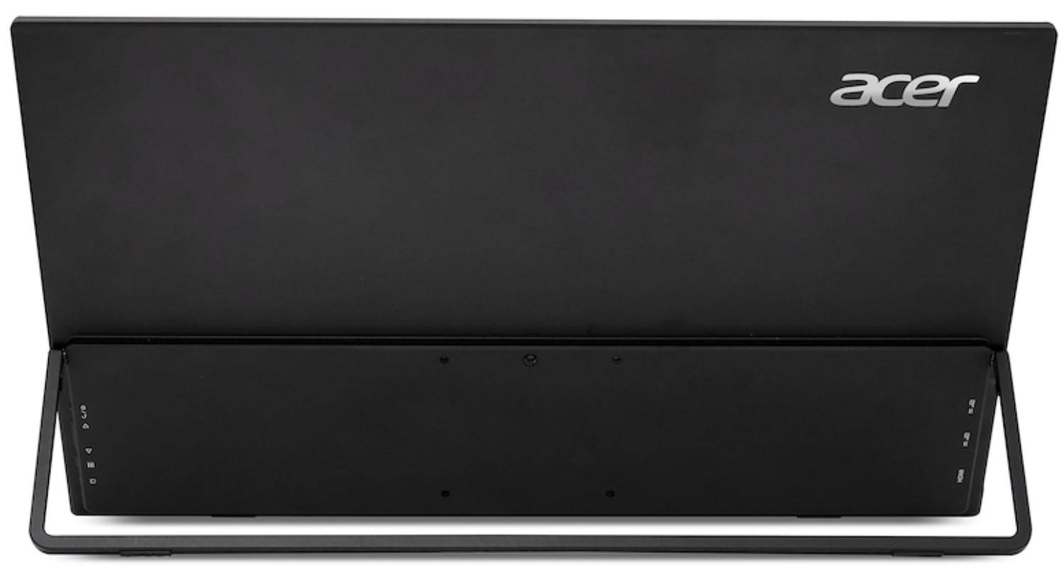 Un portátil Acer negro, abierto y visto desde atrás. El logo de Acer está arriba a la derecha.