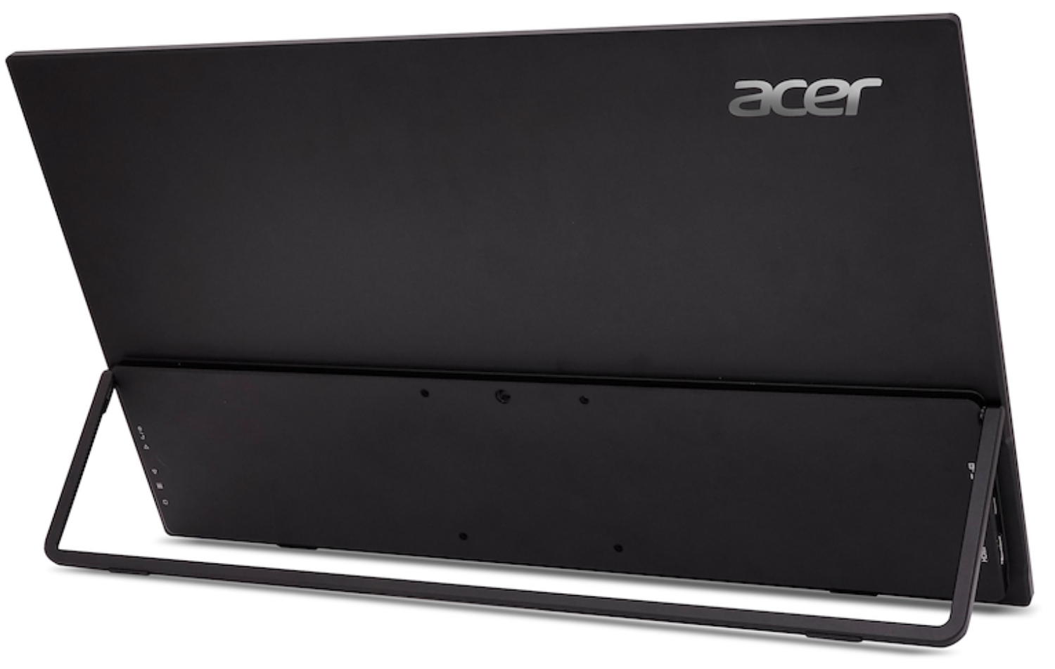 Vista trasera de un monitor Acer negro con soporte plegable y puertos.