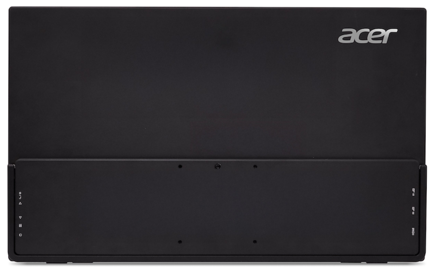 Parte trasera negra de portátil Acer con puertos y logo.