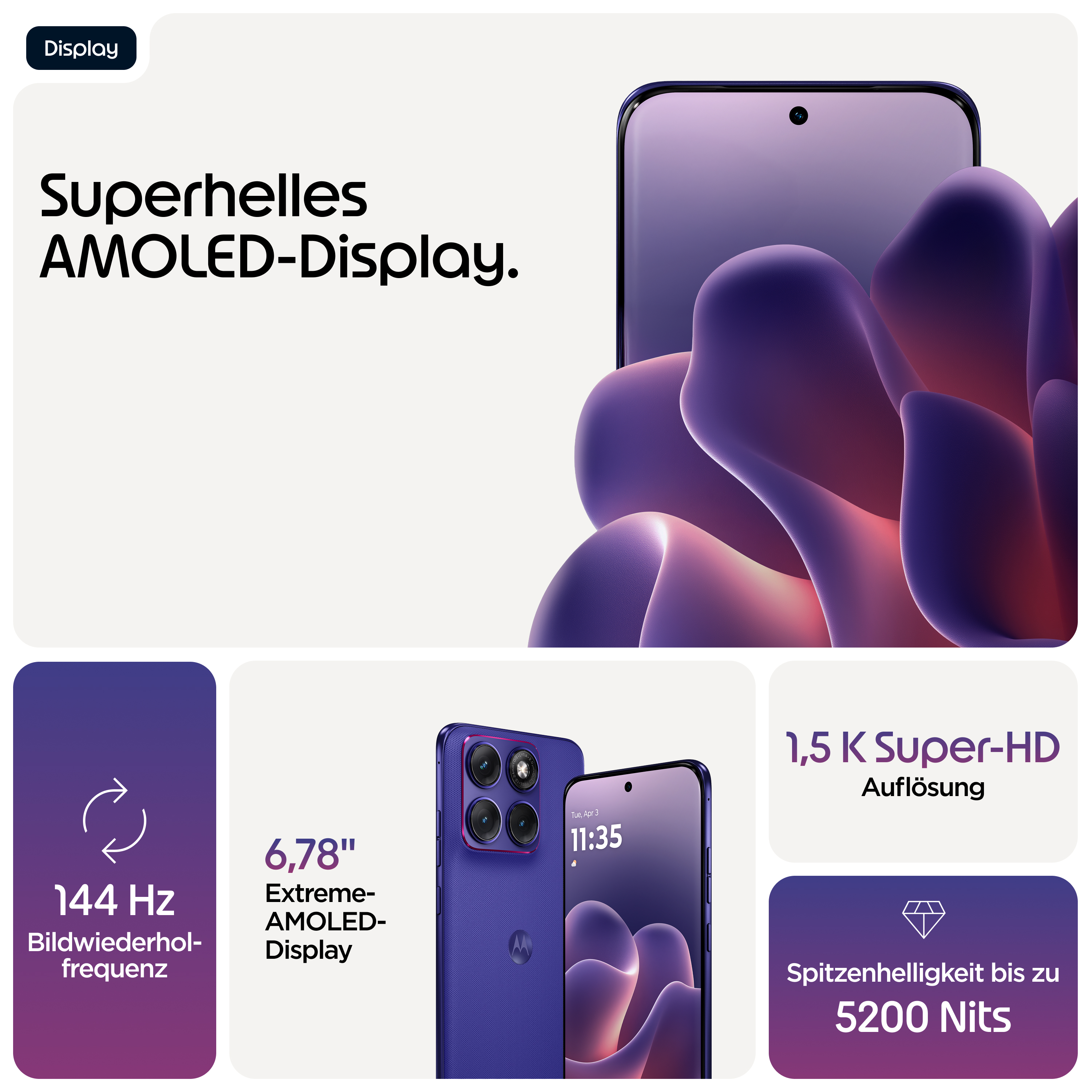 Ein violettes Smartphone mit drei Kameras und hellen, fließenden Formen.