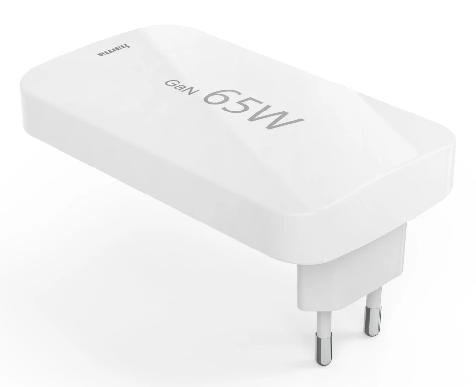 Adaptador de corriente blanco Hama GaN 65W con dos pines metálicos plateados.