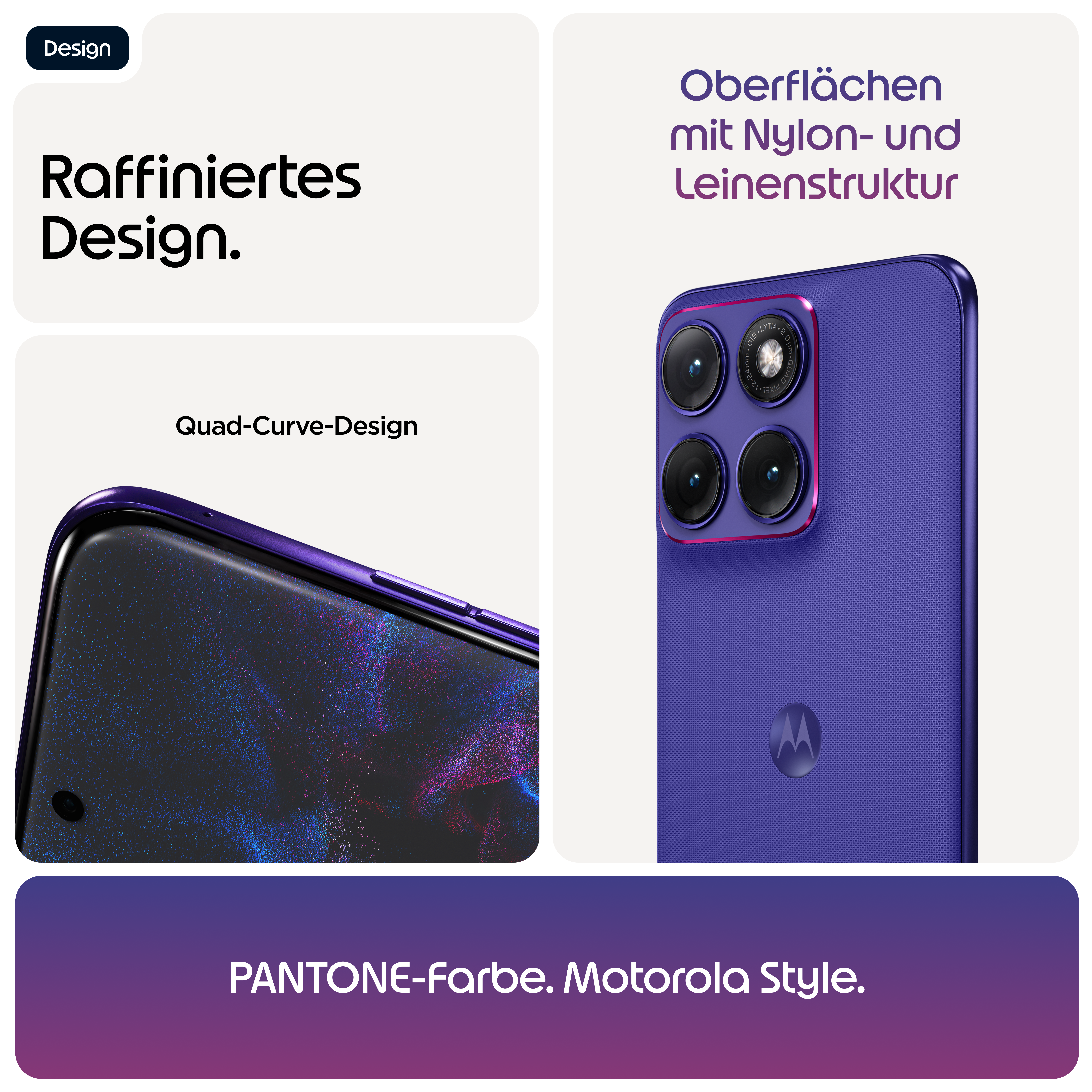 Ein lila Motorola Handy mit vier Kameras und Stoffstruktur.